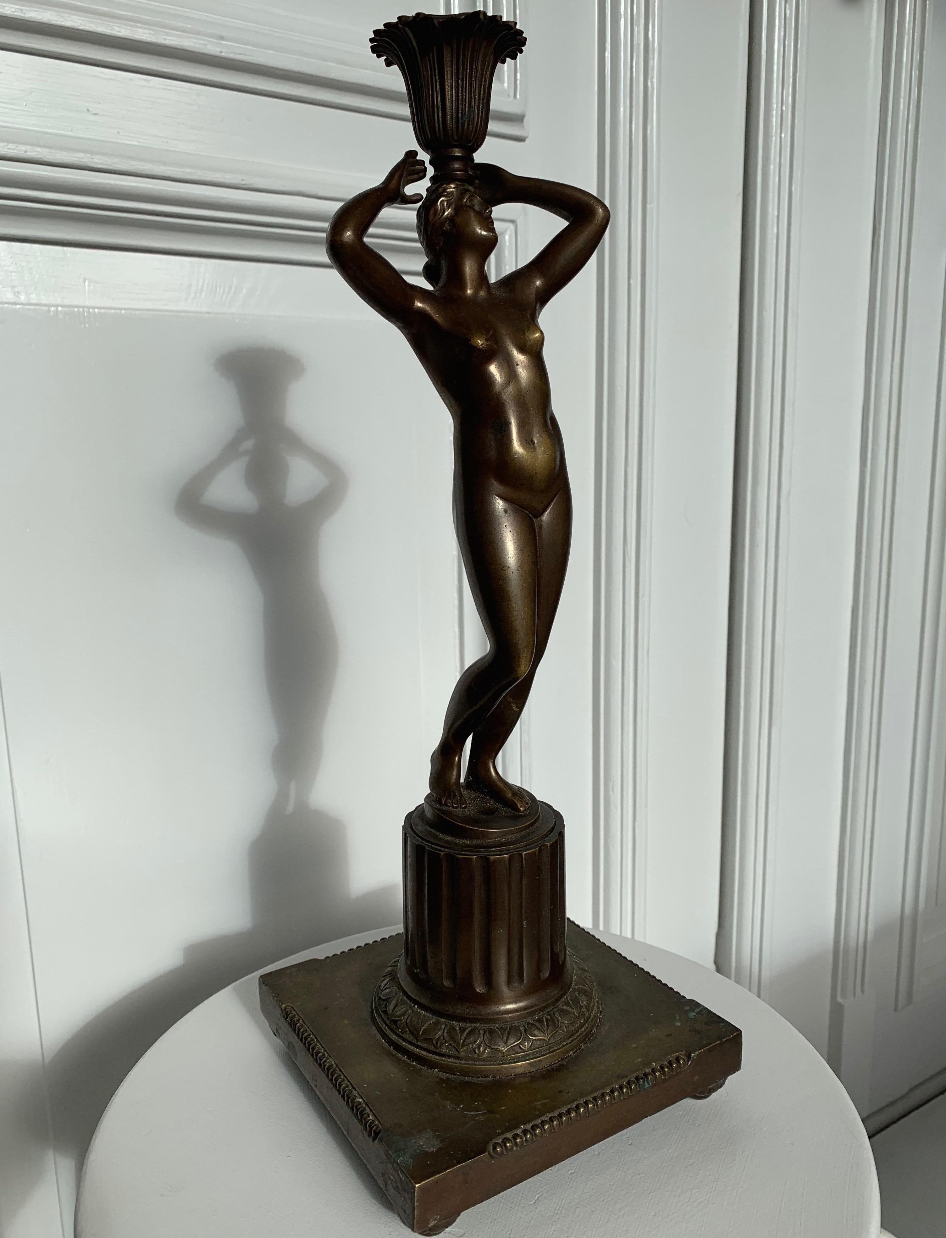 Patinated Late 19th Century Grand Tour Italian Bronze Sculpture of Nude Venus Candlestick For Sale