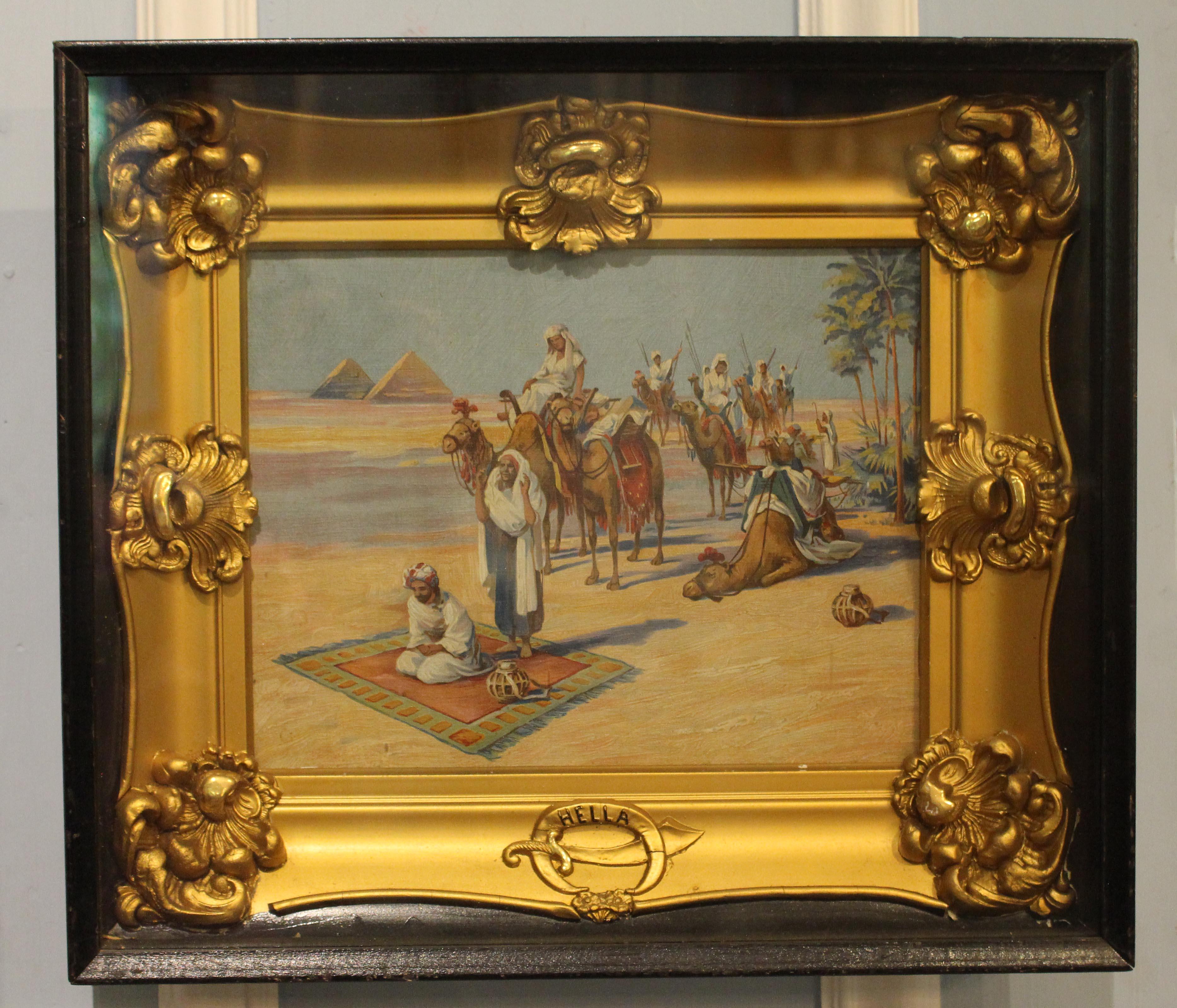 A late 19th century oil print in shadowbox frame, a Grand Tour souvenir. Orientalist scene with camel & pyramids, in gilt inner frame. Incredibly decorative & fun - made as a souvenir for gentry on the Grand Tour, likely sold as an oil