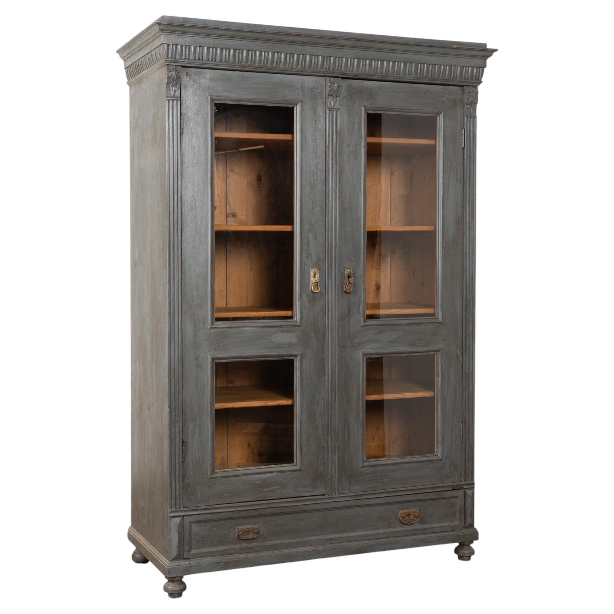 Late 19th Century Gray Pine Bookcase Display Cabinet with Glass Doors