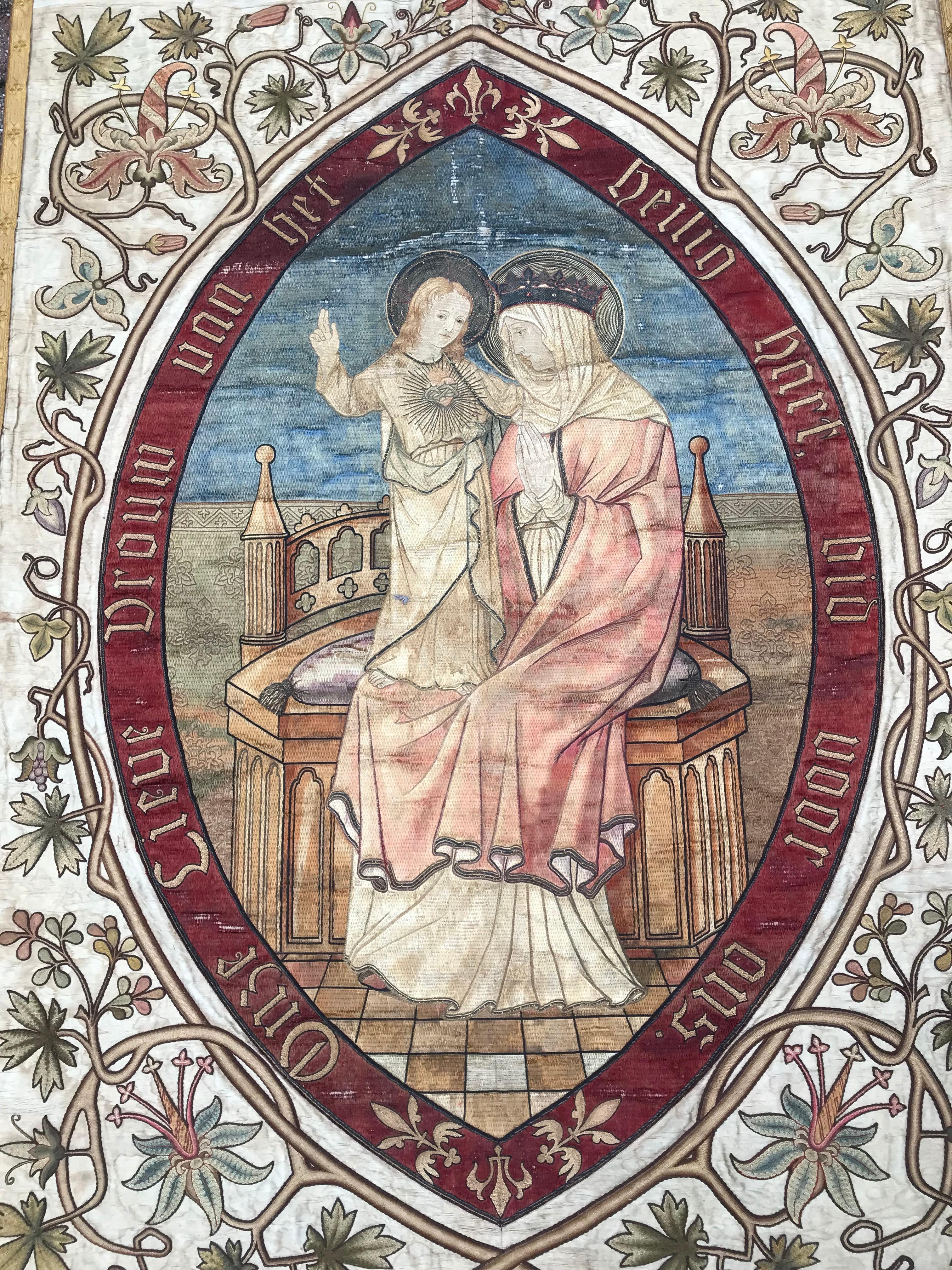 Late 19th Century Great Quality Needlework Mary and Child Jesus Religious Banner For Sale 13