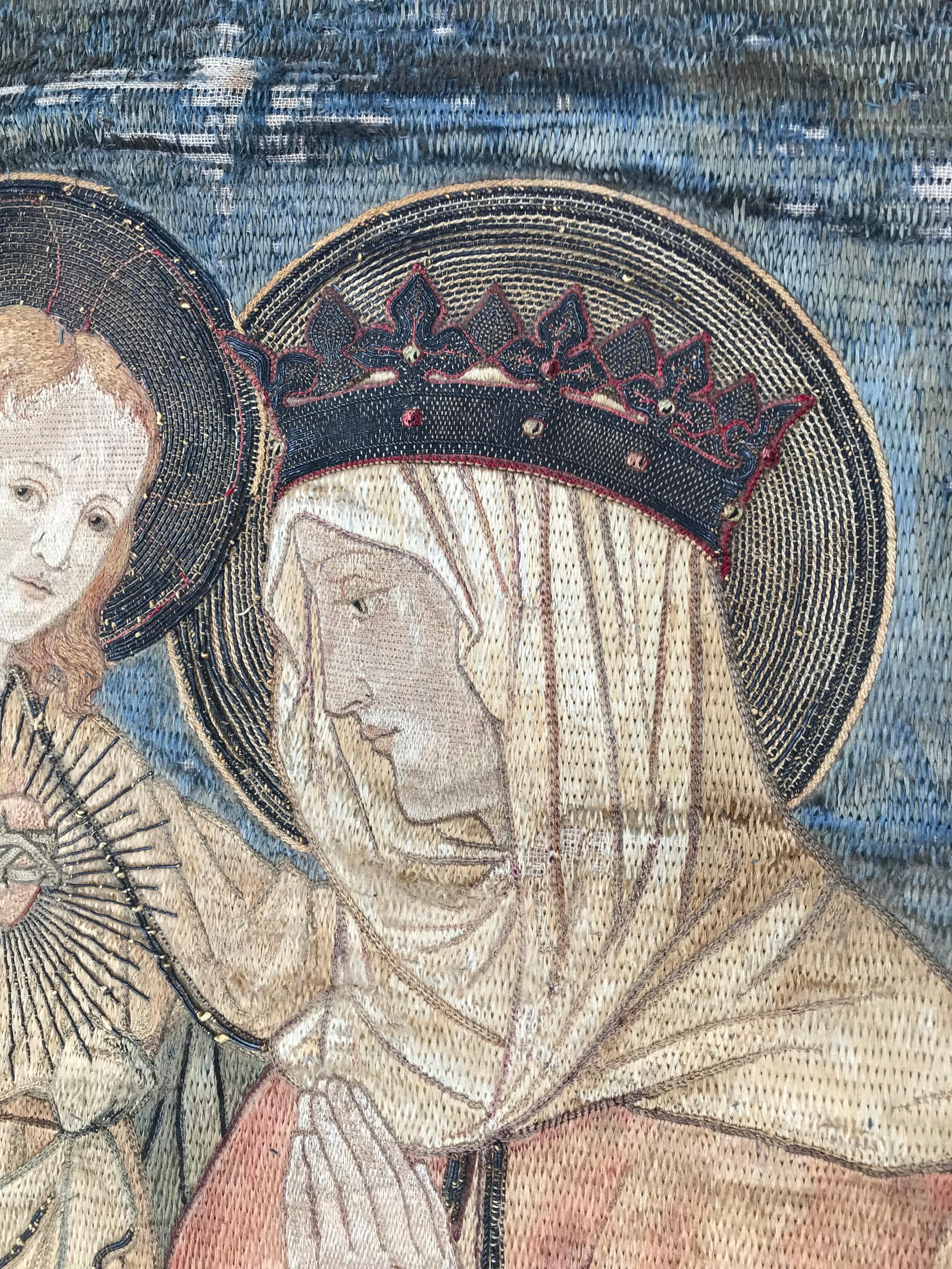 Late 19th Century Great Quality Needlework Mary and Child Jesus Religious Banner For Sale 1