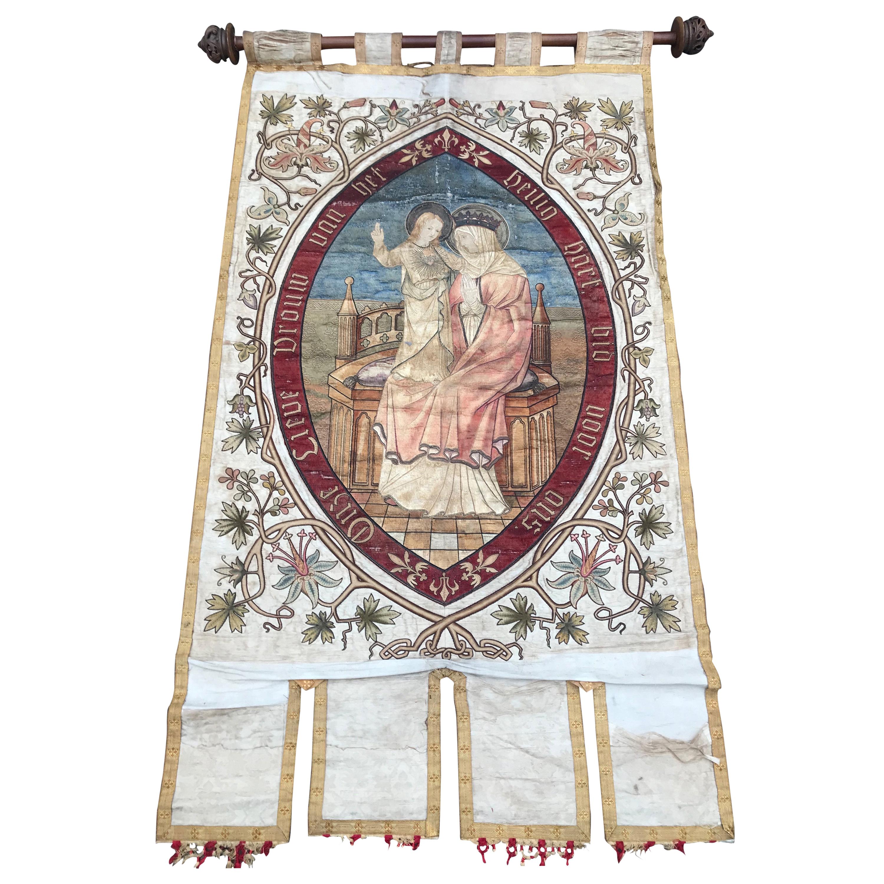 Late 19th Century Great Quality Needlework Mary and Child Jesus Religious Banner