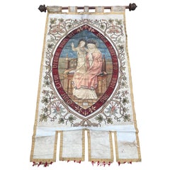 Antique Late 19th Century Great Quality Needlework Mary and Child Jesus Religious Banner