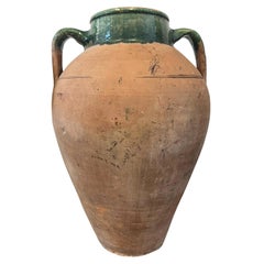 Late 19th Century Green Glazed Terra Cotta Tall Pot with Two Handles