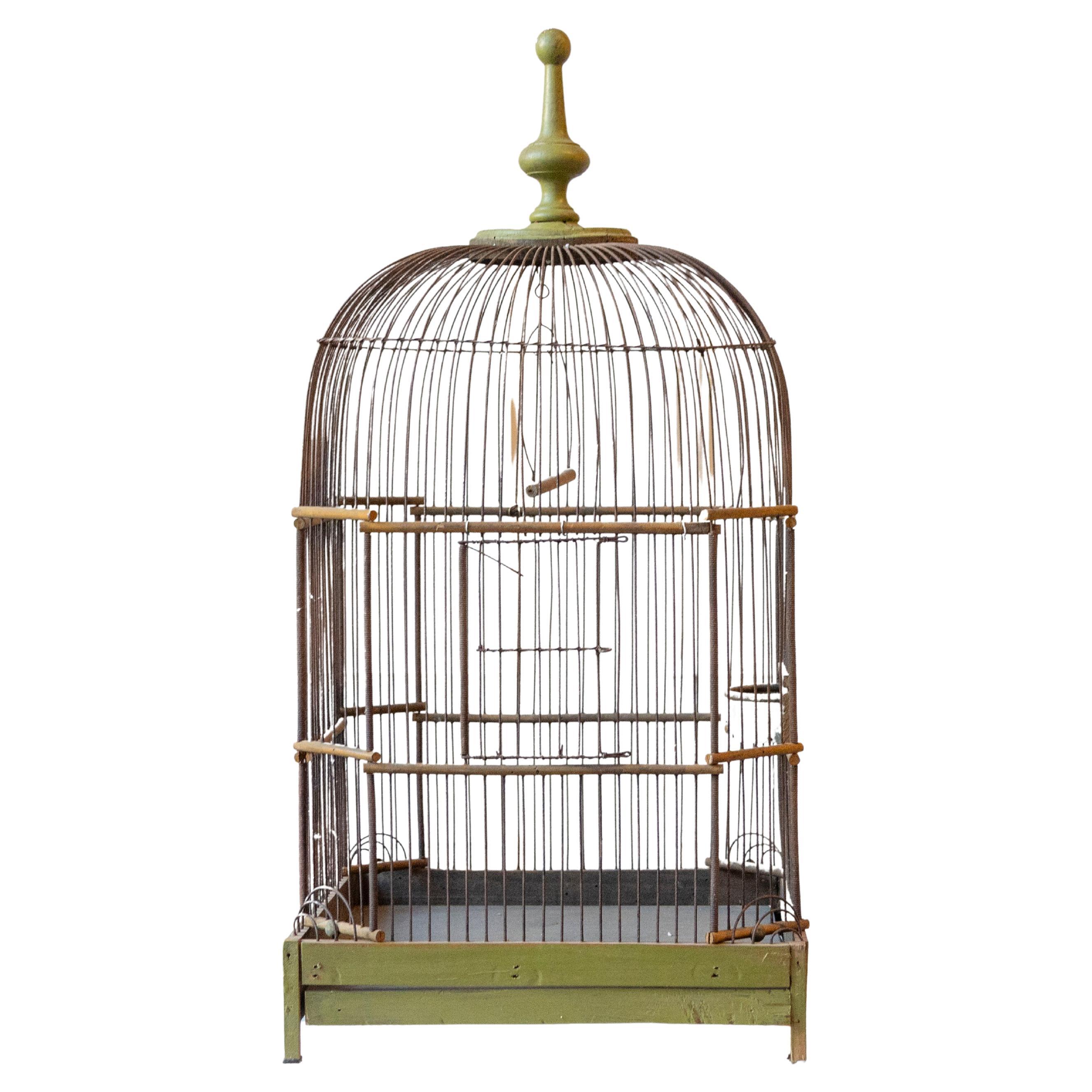 Cage à oiseaux en bois peint en vert de la fin du 19e siècle