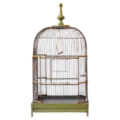 Antique Late 19th-Century Green-Painted Wooden Birdcage