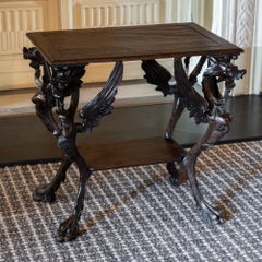 Late 19th Century Griffon Carved Wood Side Table, Leather Details