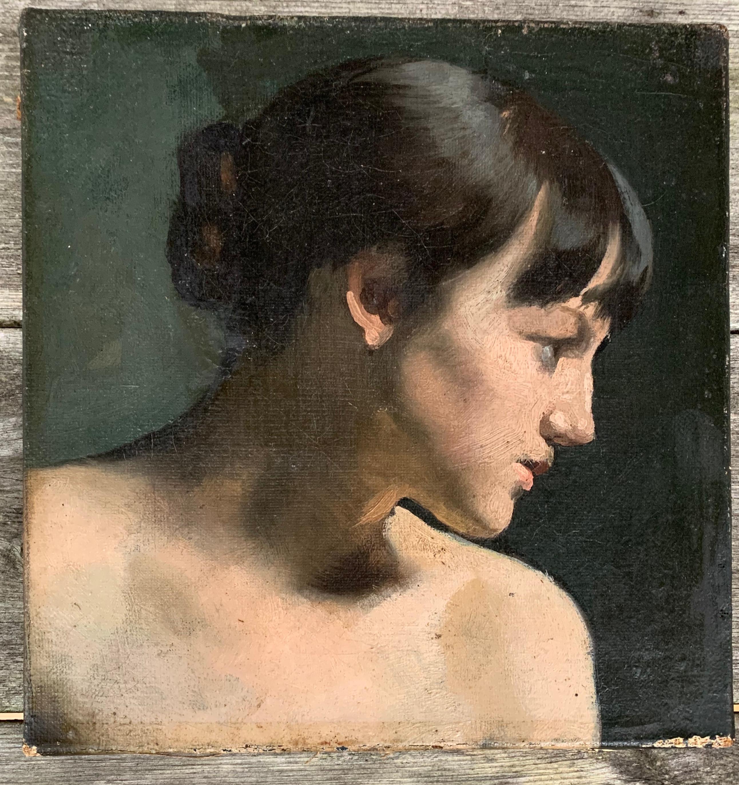 Napoleon III Late 19th Century Grisaille Oil on Canvas Painting of a Young Lady in Profile