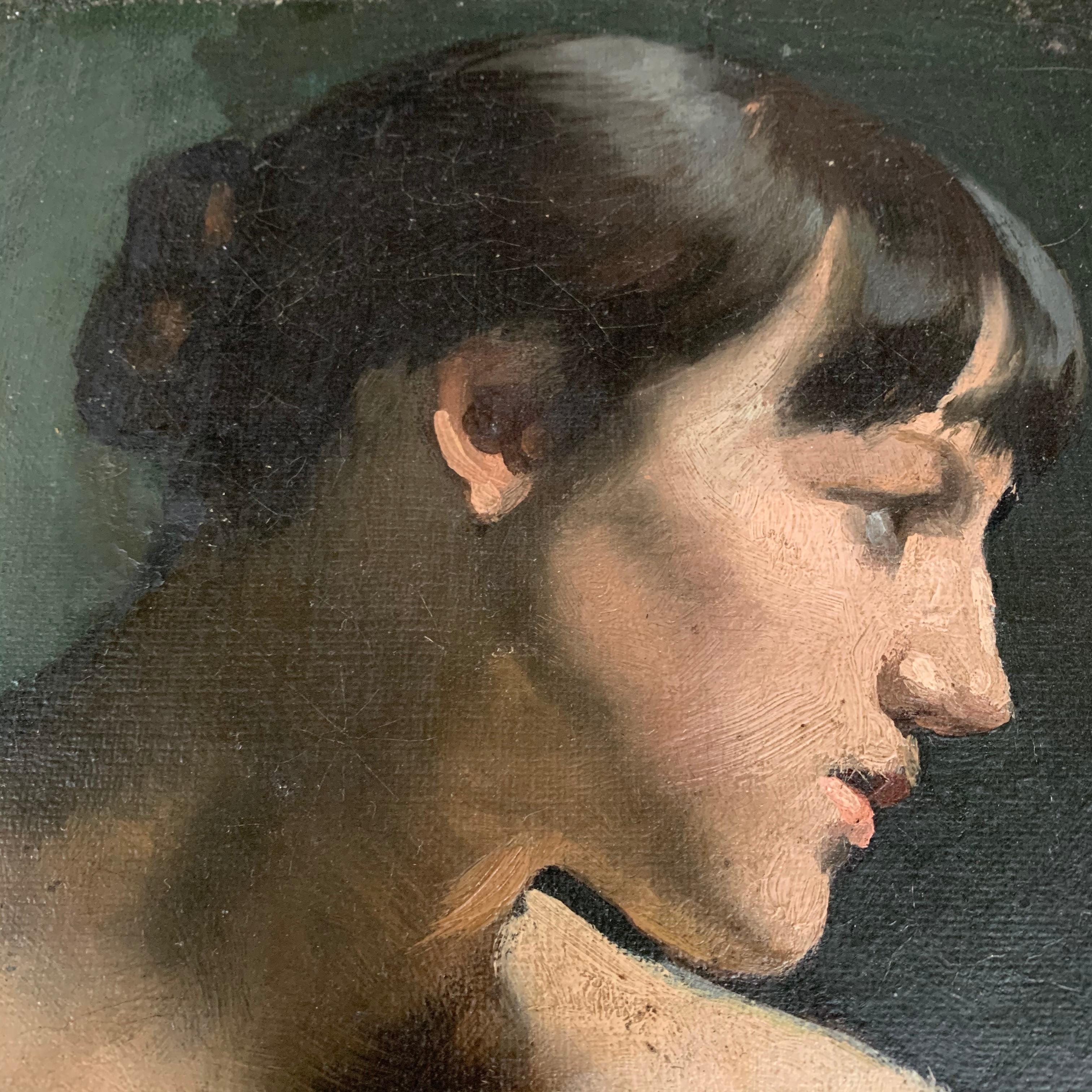 Belgian Late 19th Century Grisaille Oil on Canvas Painting of a Young Lady in Profile