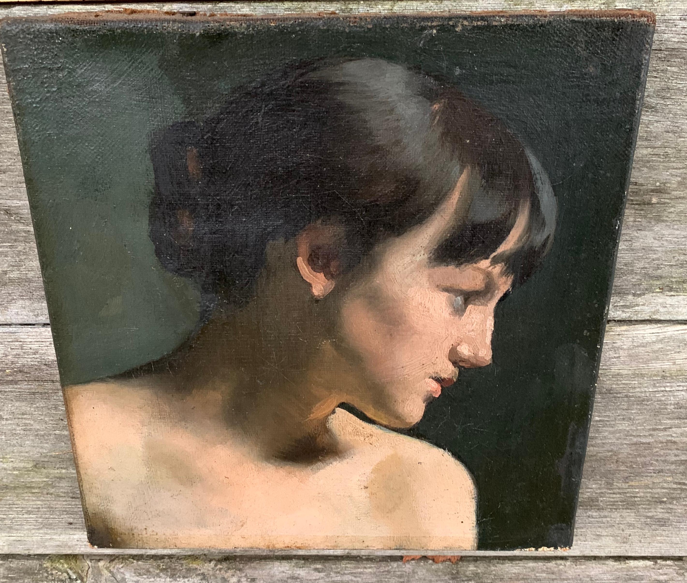 Late 19th Century Grisaille Oil on Canvas Painting of a Young Lady in Profile 1