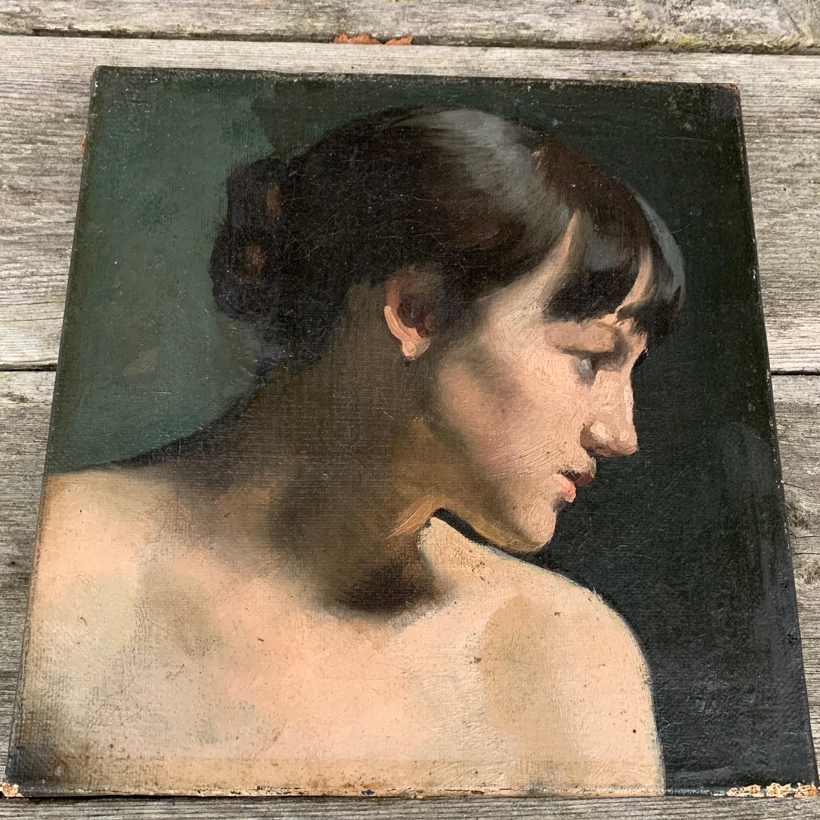 Late 19th Century Grisaille Oil on Canvas Painting of a Young Lady in Profile 3