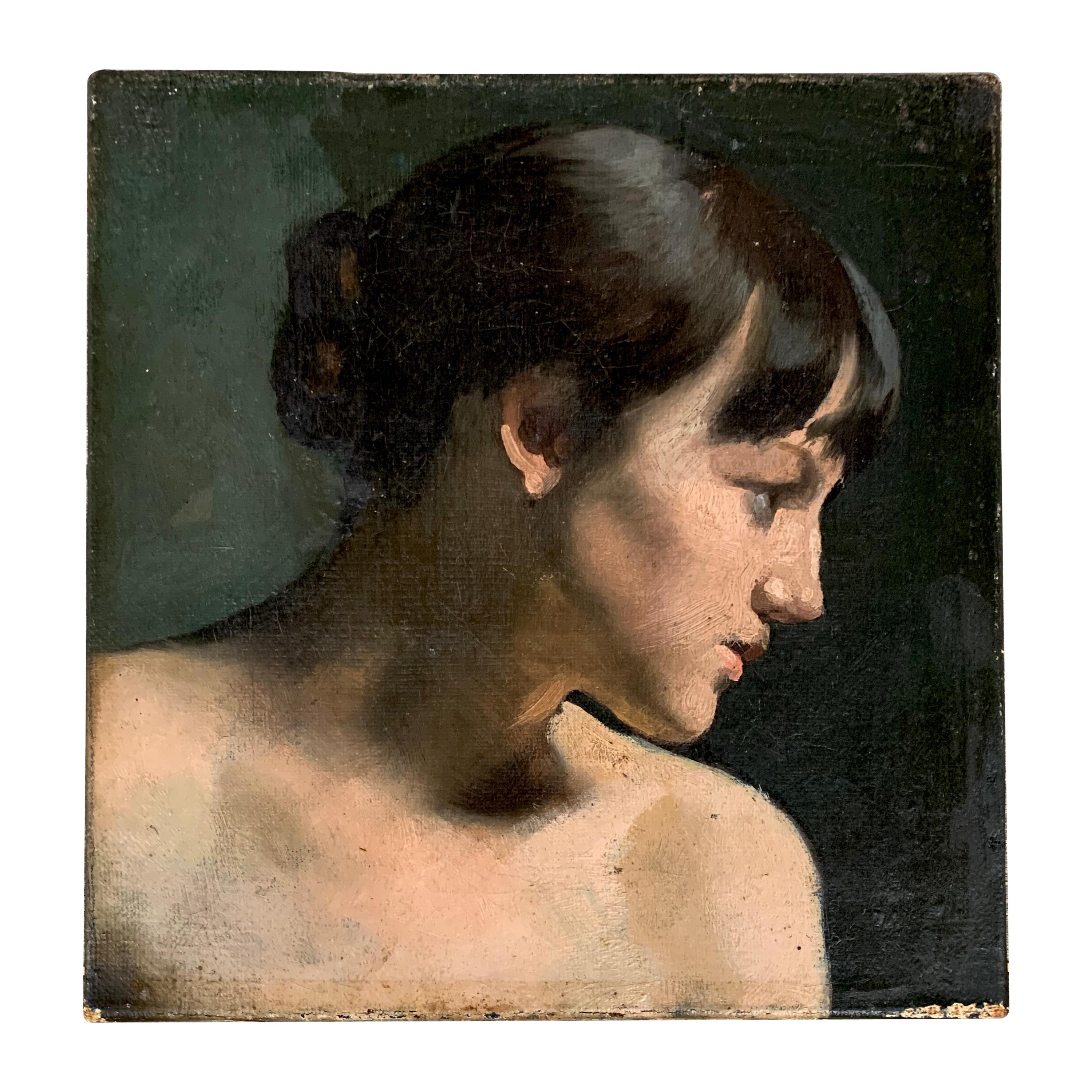 Late 19th Century Grisaille Oil on Canvas Painting of a Young Lady in Profile