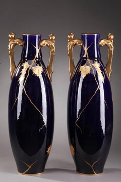 Vases en céramique bleue de Gustave Asch de la fin du XIXe siècle
