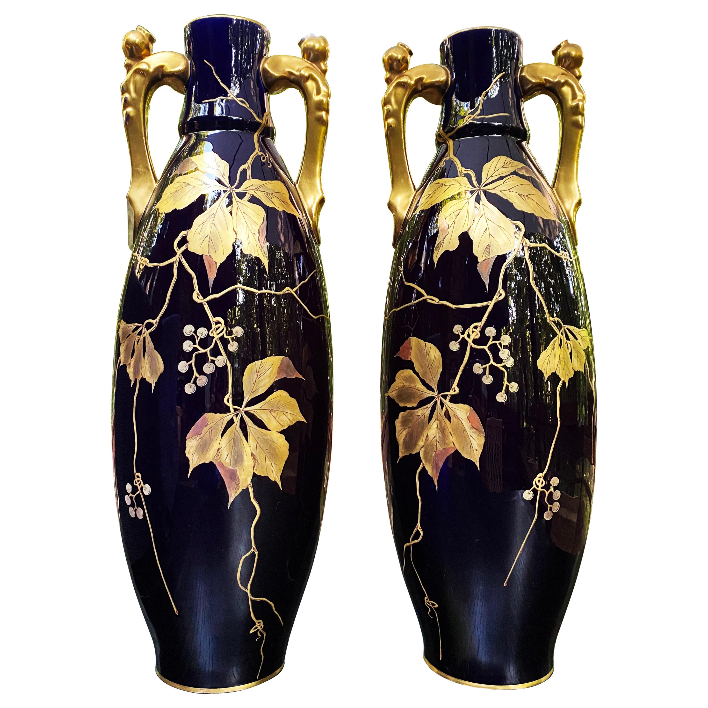 Late 19th Century Gustave Asch Blue Ceramic Vases Wine Grapes and Leaves For Sale