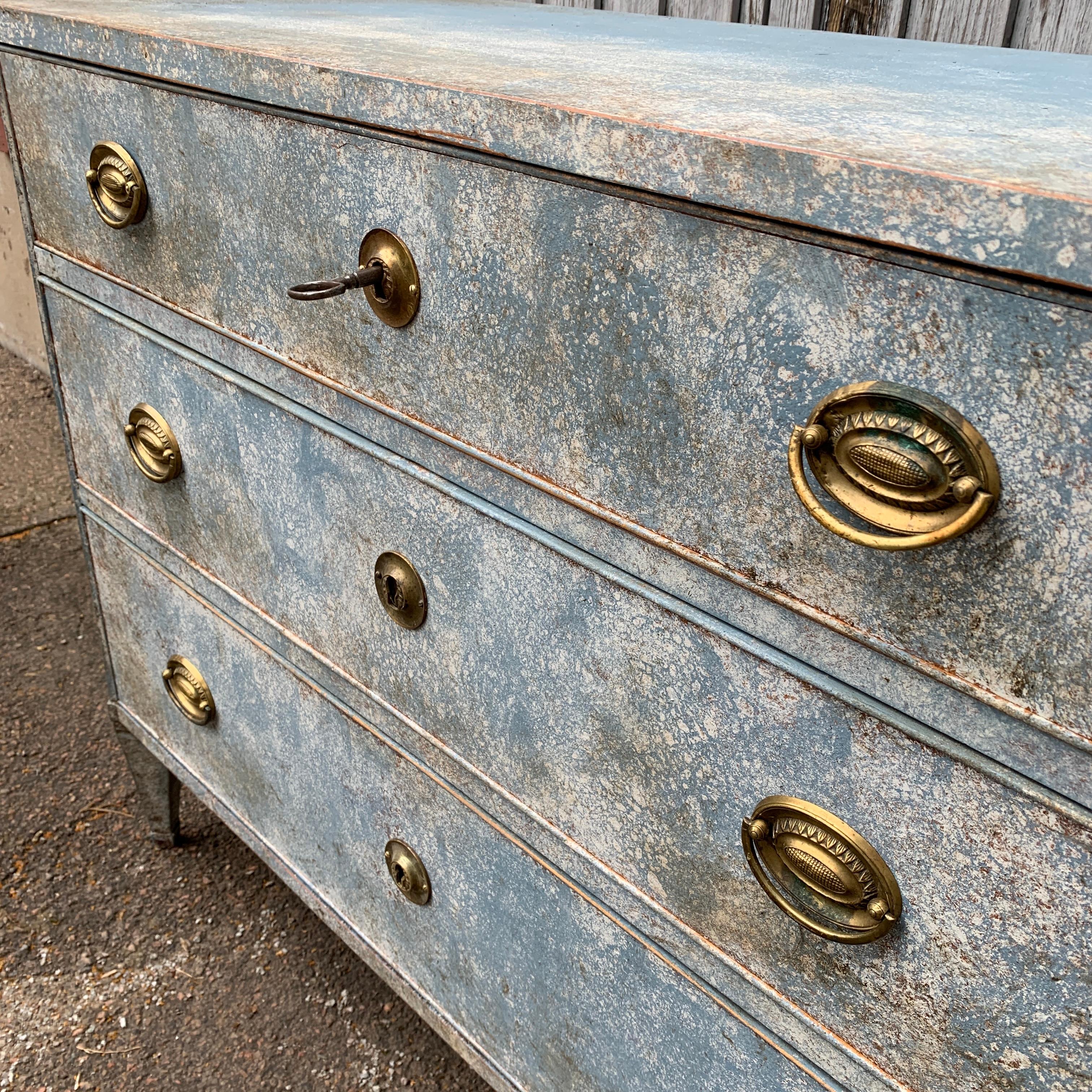 Pine Period Gustavian Chest of 3 Drawers with Original Blue Paint For Sale