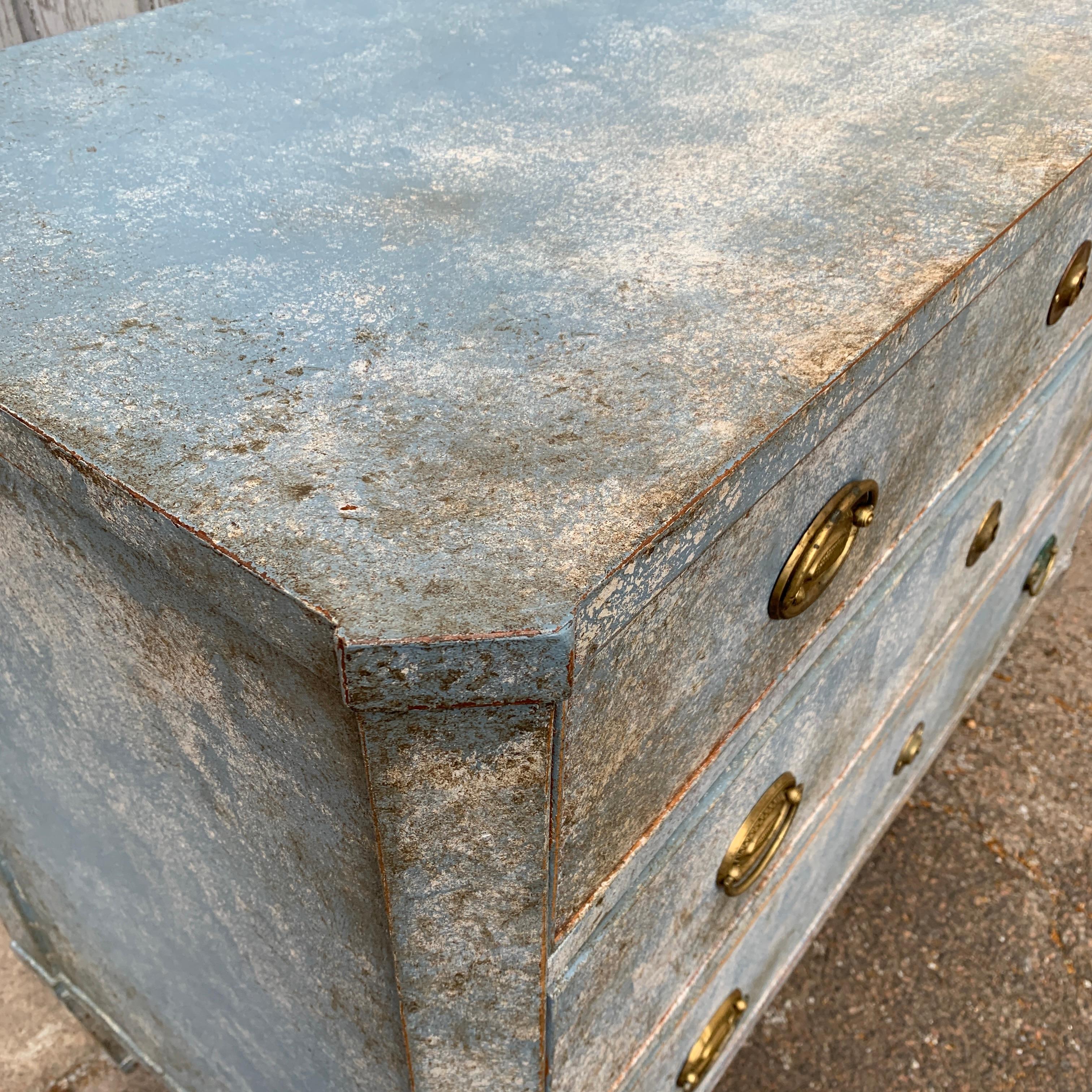 Period Gustavian Chest of 3 Drawers with Original Blue Paint For Sale 1