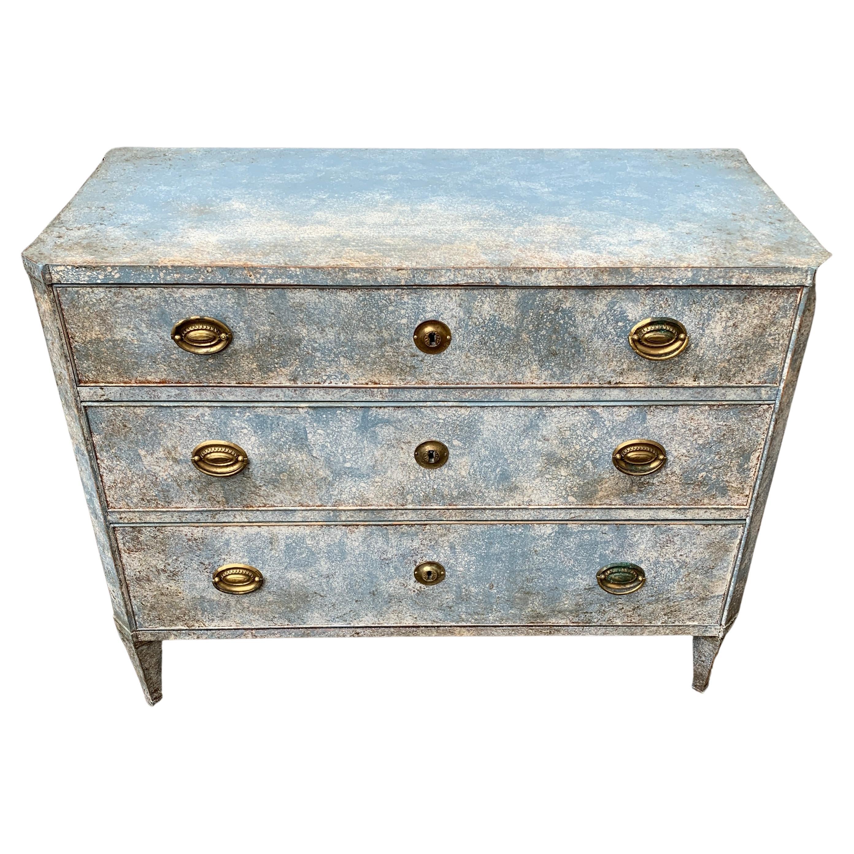 Period Gustavian Chest of 3 Drawers with Original Blue Paint