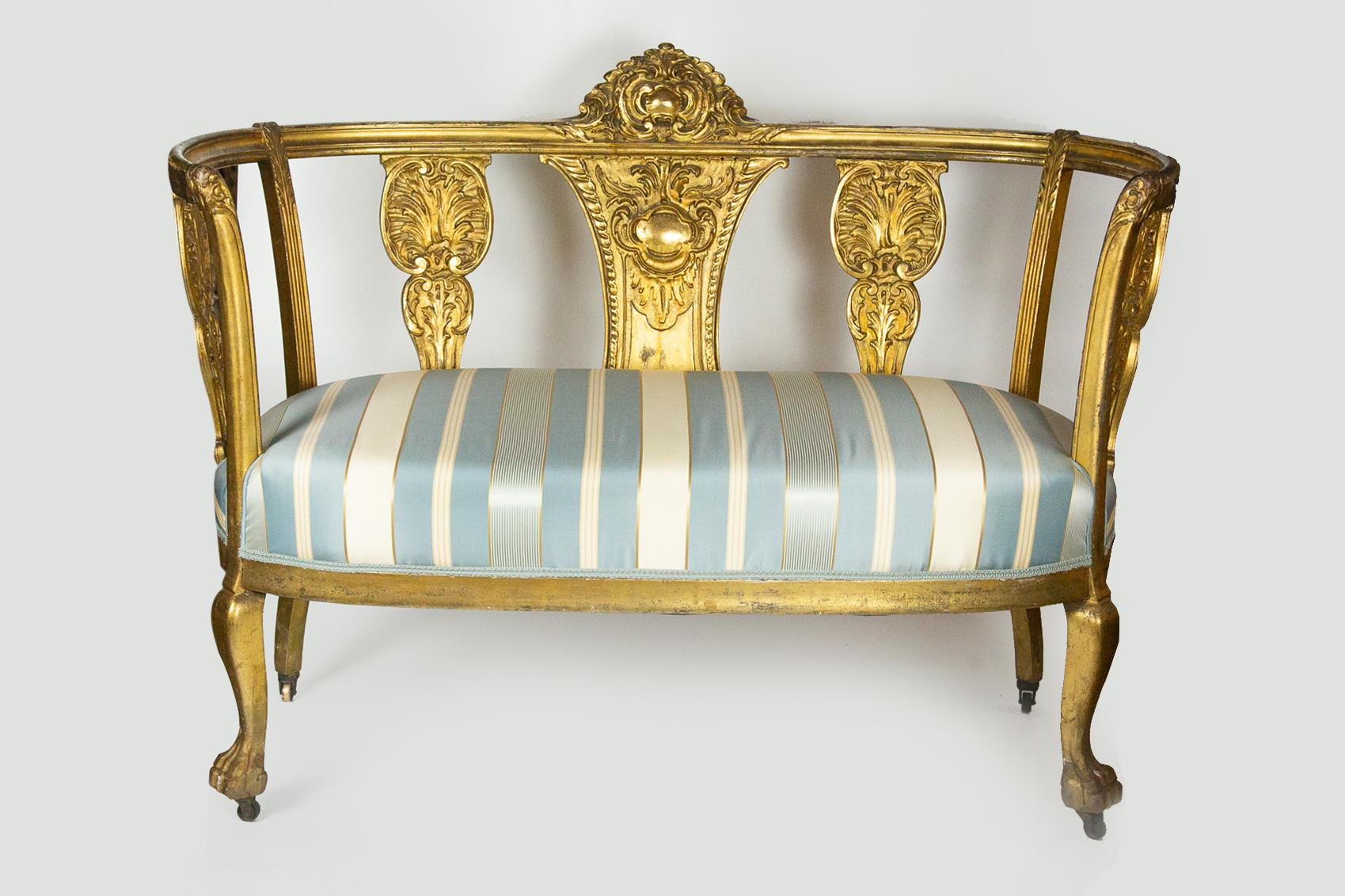 Late 19th Century Gustavian Style Gilt Settee and Matching Chair For Sale 7
