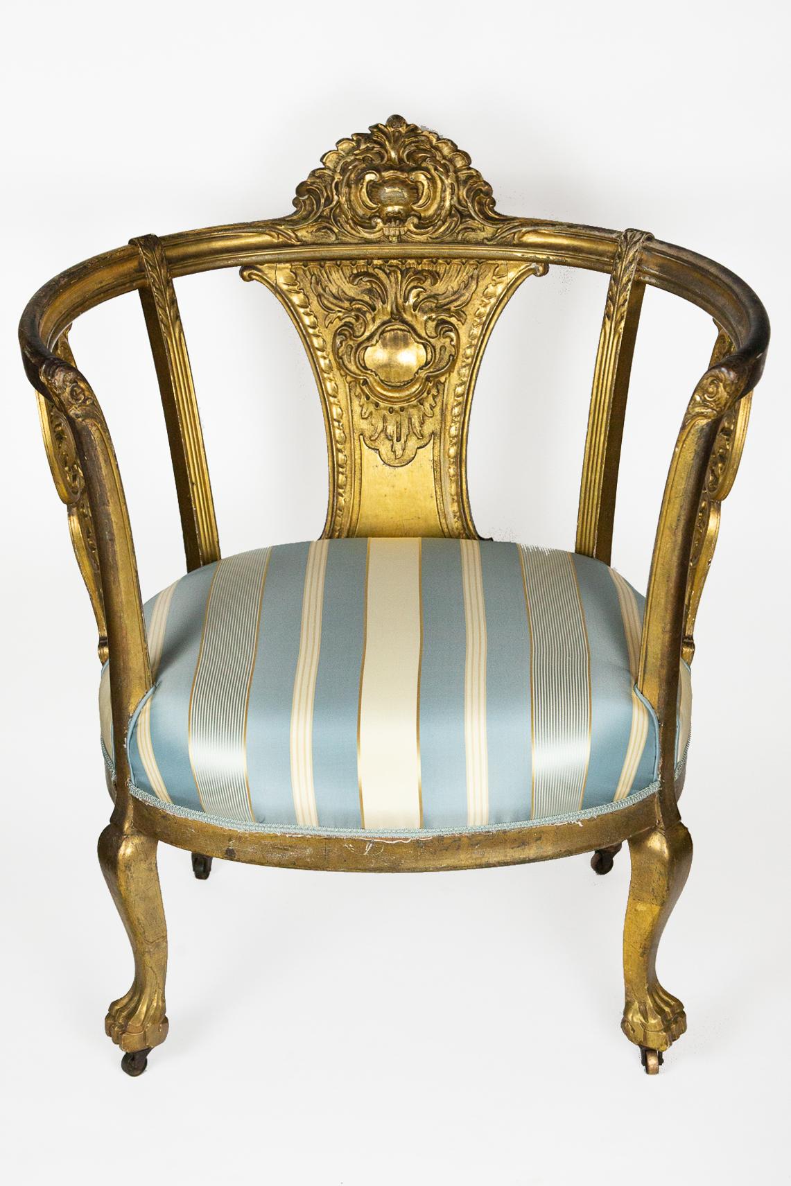 Swedish Late 19th Century Gustavian Style Gilt Settee and Matching Chair For Sale