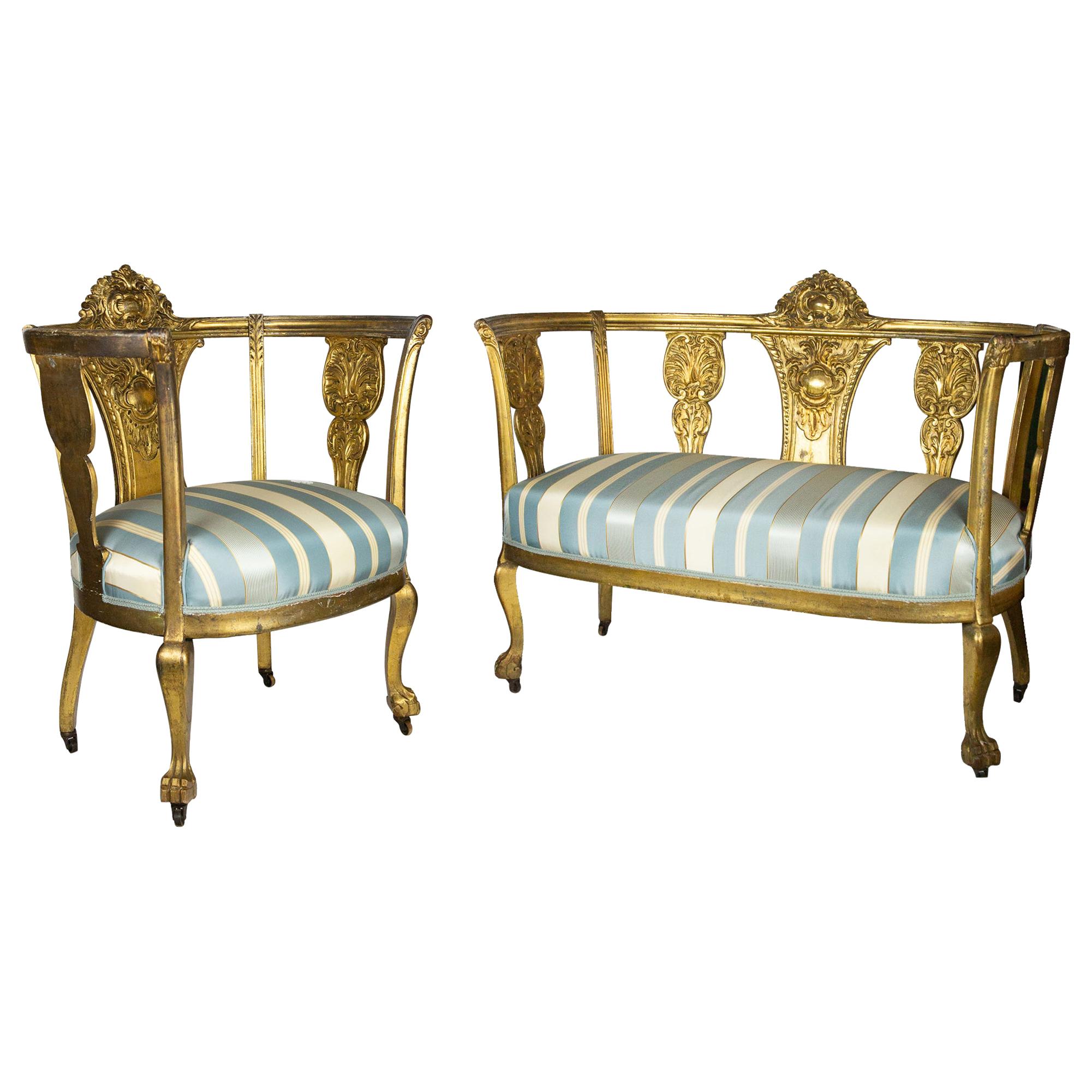 Late 19th Century Gustavian Style Gilt Settee and Matching Chair