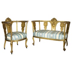 Late 19th Century Gustavian Style Gilt Settee and Matching Chair