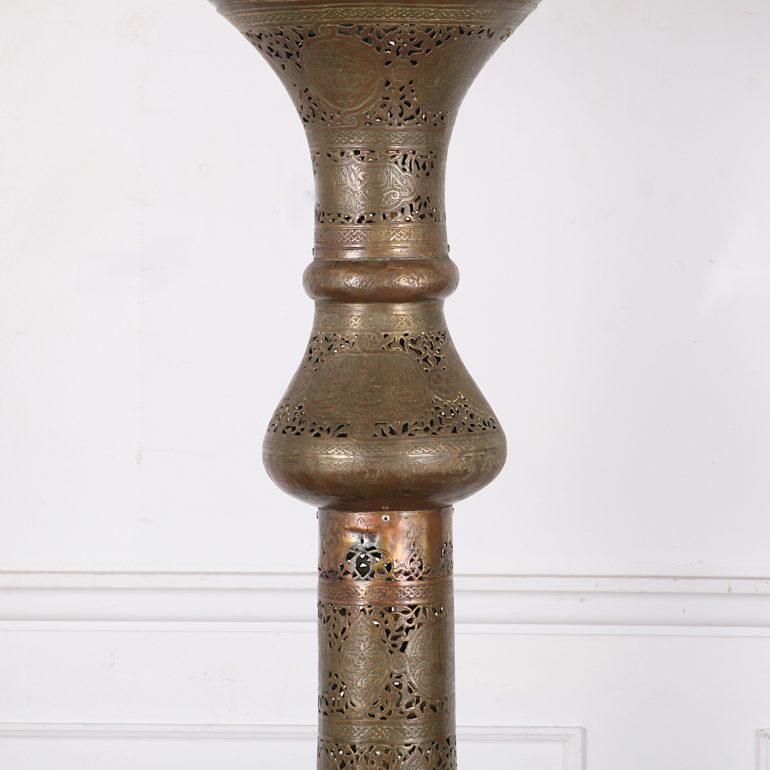 Late 19th Century Hammered and Pierce-Carved  Brass Syrian/Moroccan Floor Lamps In Good Condition In Vancouver, British Columbia