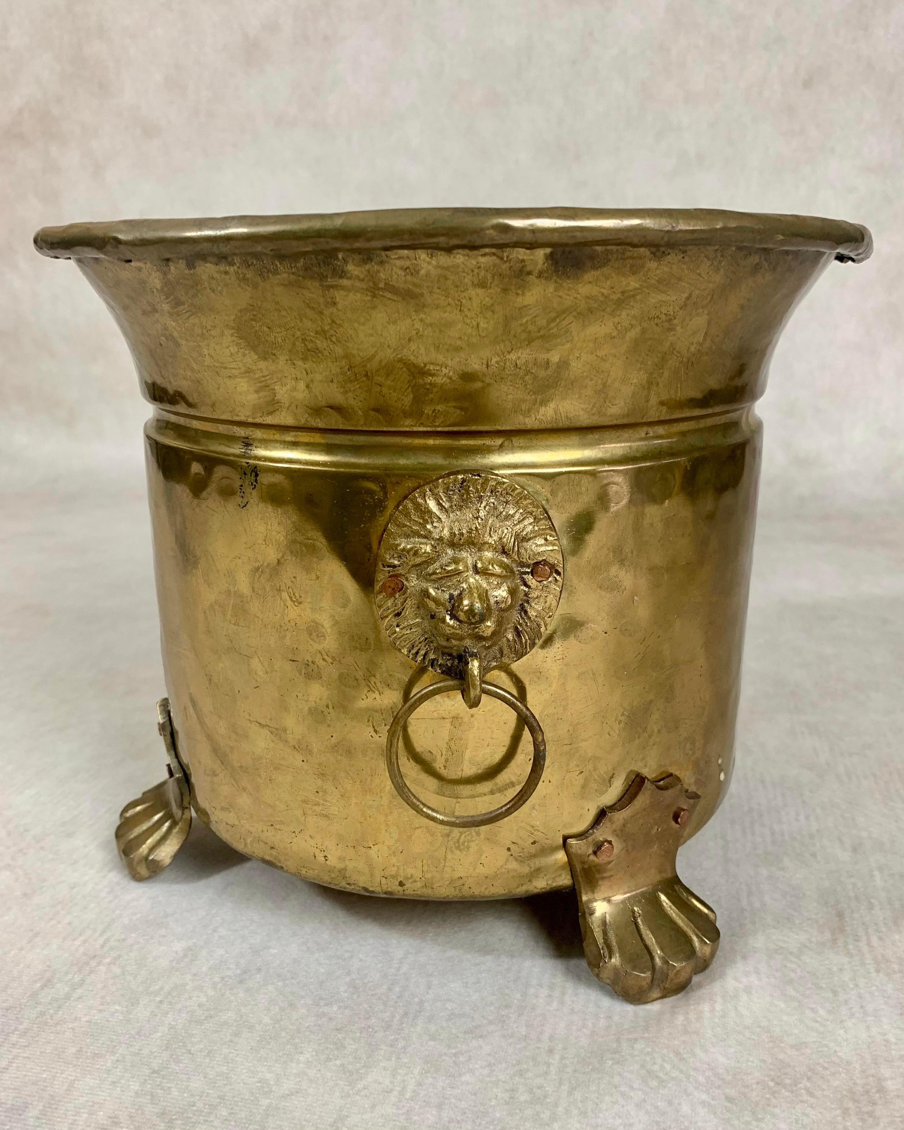 French Late 19th Century Hammered Brass Lion Head Jardiniere For Sale