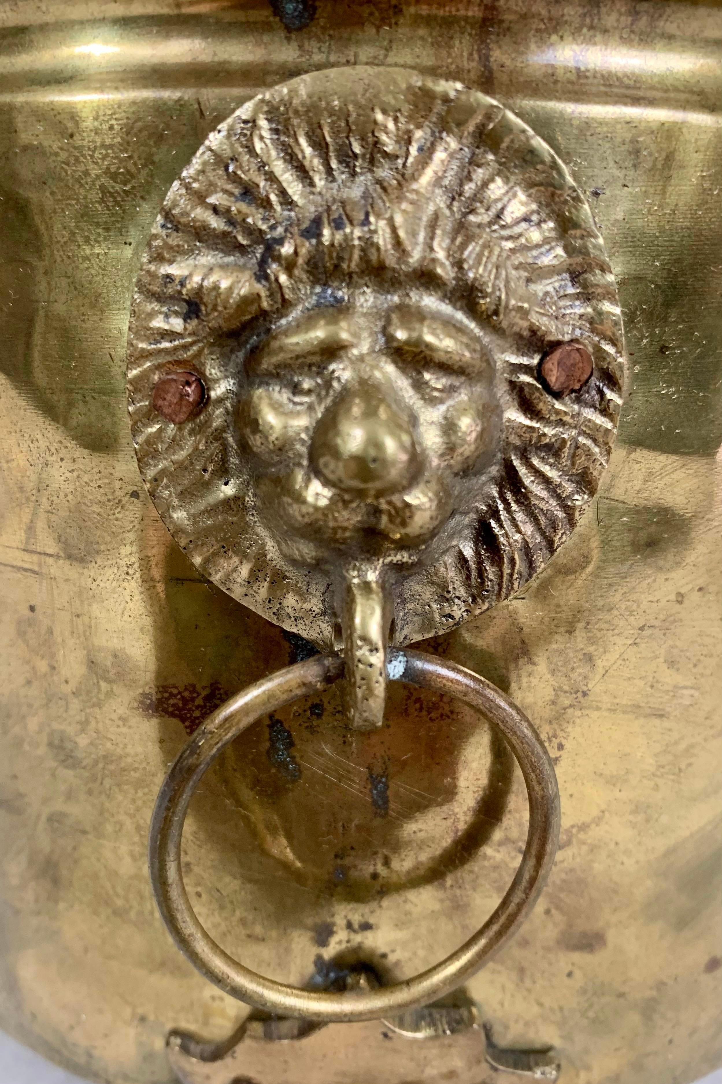 Late 19th Century Hammered Brass Lion Head Jardiniere For Sale 1