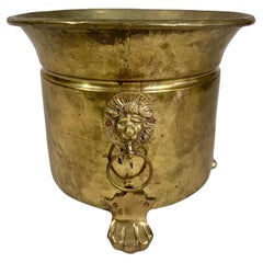 Antique Late 19th Century Hammered Brass Lion Head Jardiniere