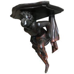 Antique Late 19th Century Hand Carved and Ebonized Venetian Boy Sculpture Wall Bracket