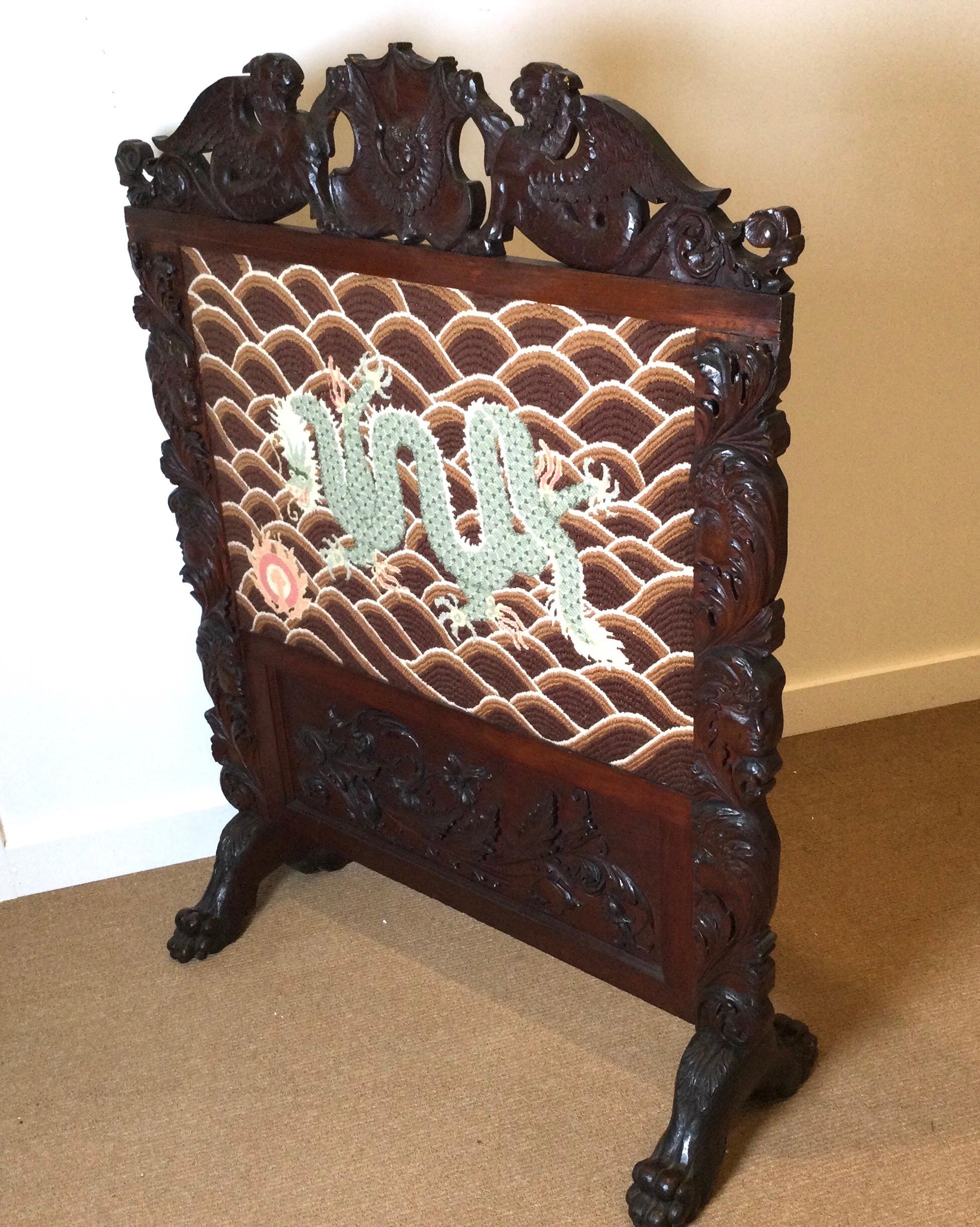 Late 19th Century Hand Carved Fire Screen with Needlepoint Dragon Motif For Sale 4