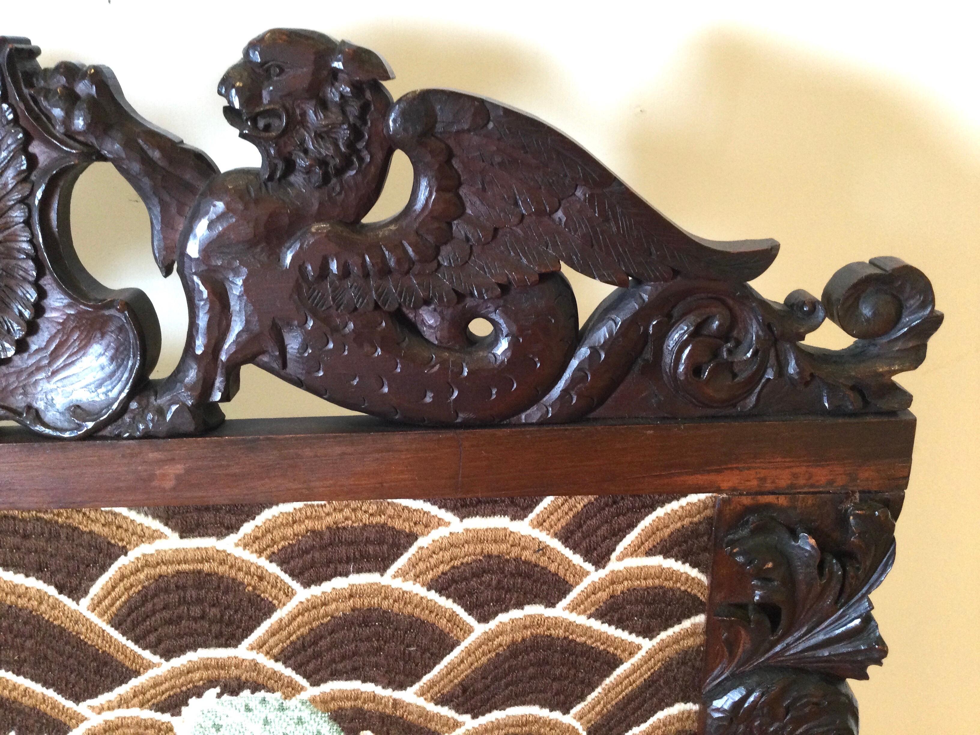 Hand-Carved Late 19th Century Hand Carved Fire Screen with Needlepoint Dragon Motif For Sale