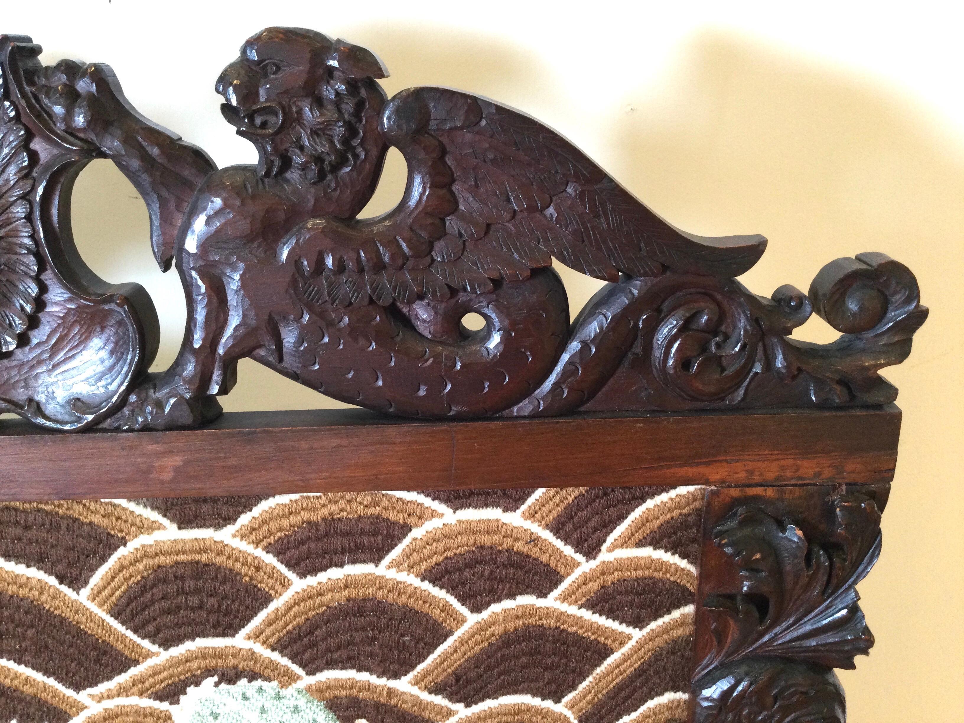 Late 19th Century Hand Carved Fire Screen with Needlepoint Dragon Motif In Good Condition For Sale In Lambertville, NJ