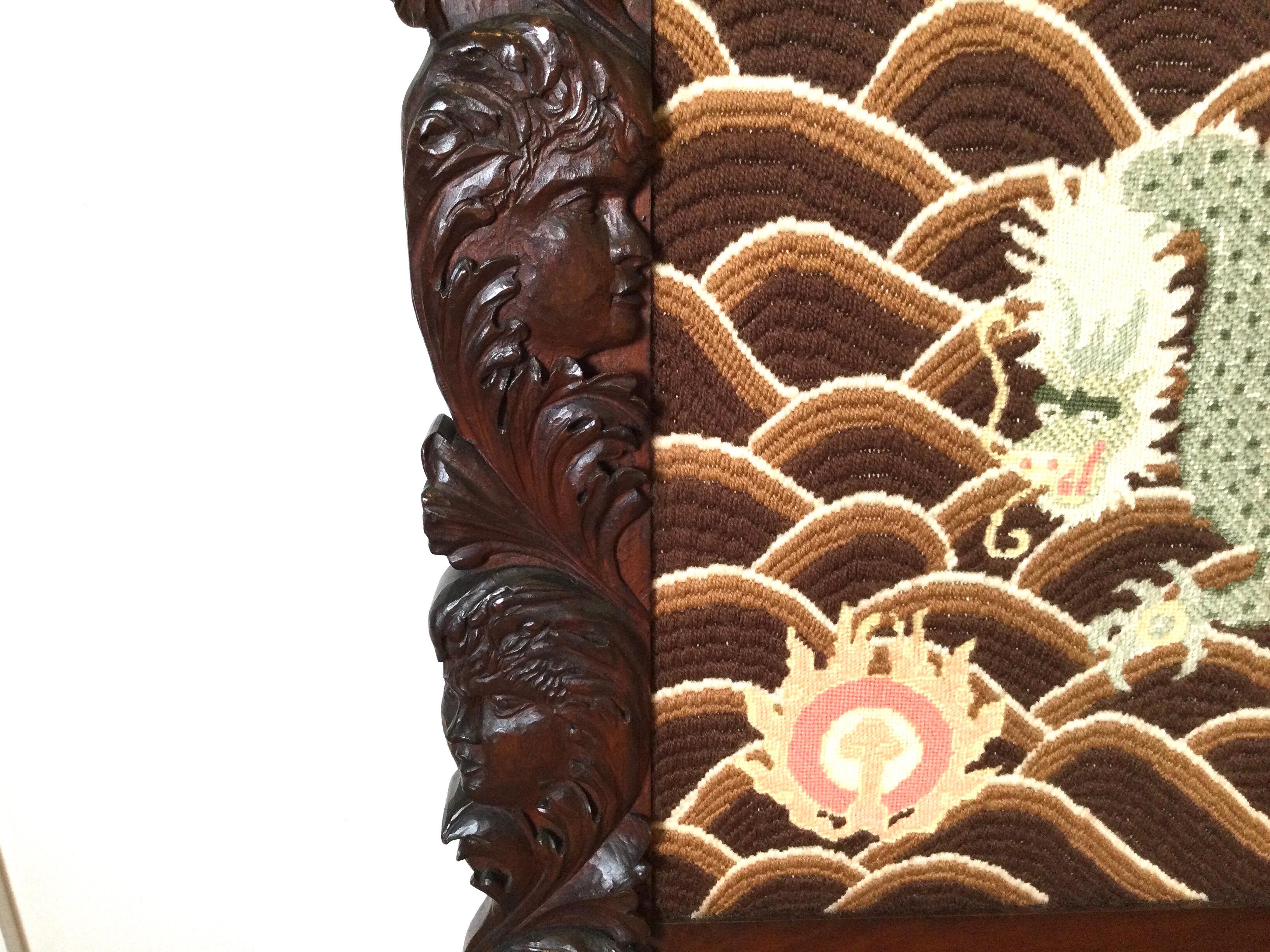 Wool Late 19th Century Hand Carved Fire Screen with Needlepoint Dragon Motif For Sale