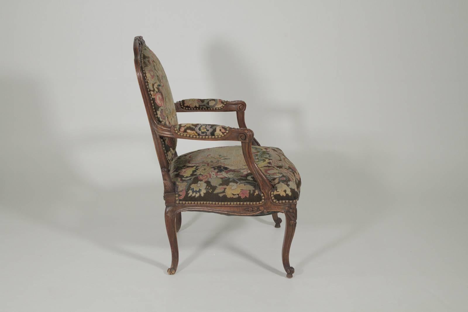Louis XIV Late 19th Century Hand-Carved French Armchair with Needlepoint Tapestry