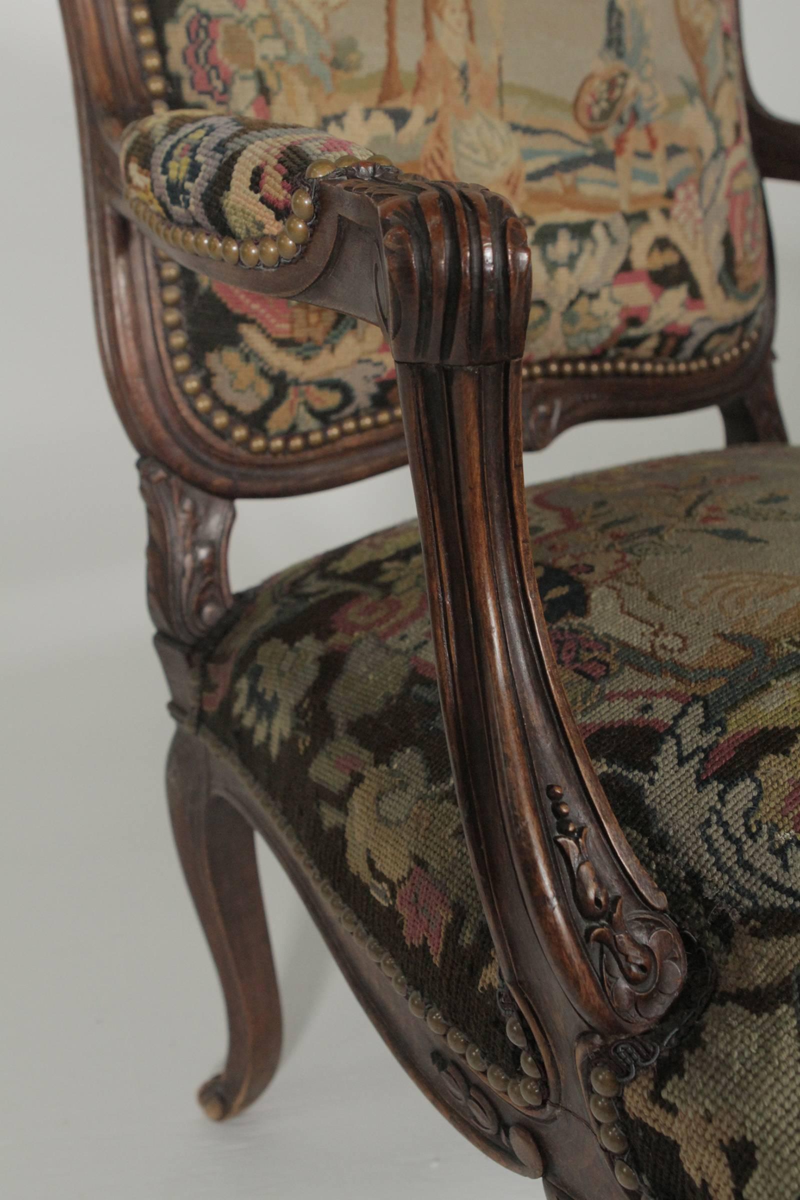 Late 19th Century Hand-Carved French Armchair with Needlepoint Tapestry 3