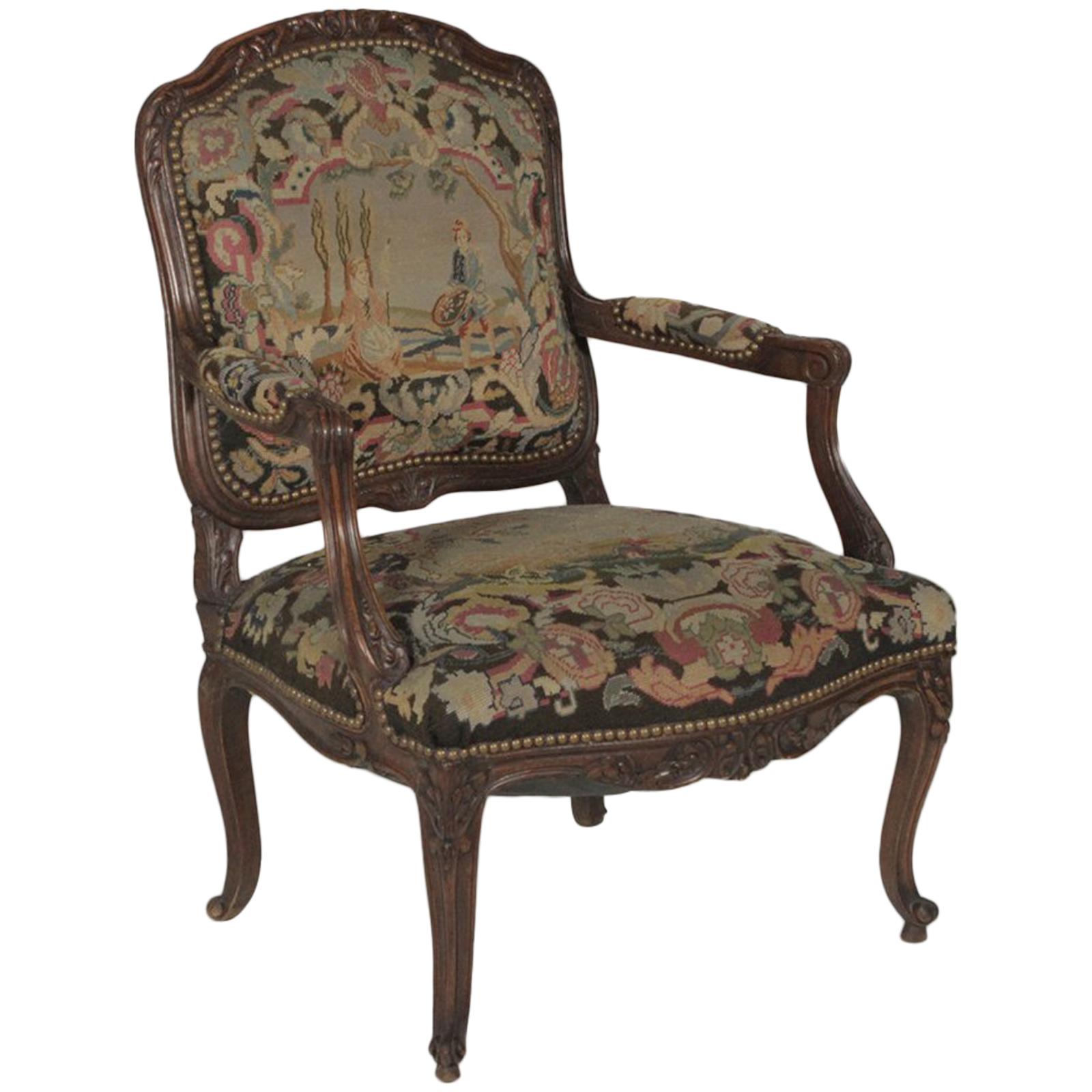 Late 19th Century Hand-Carved French Armchair with Needlepoint Tapestry