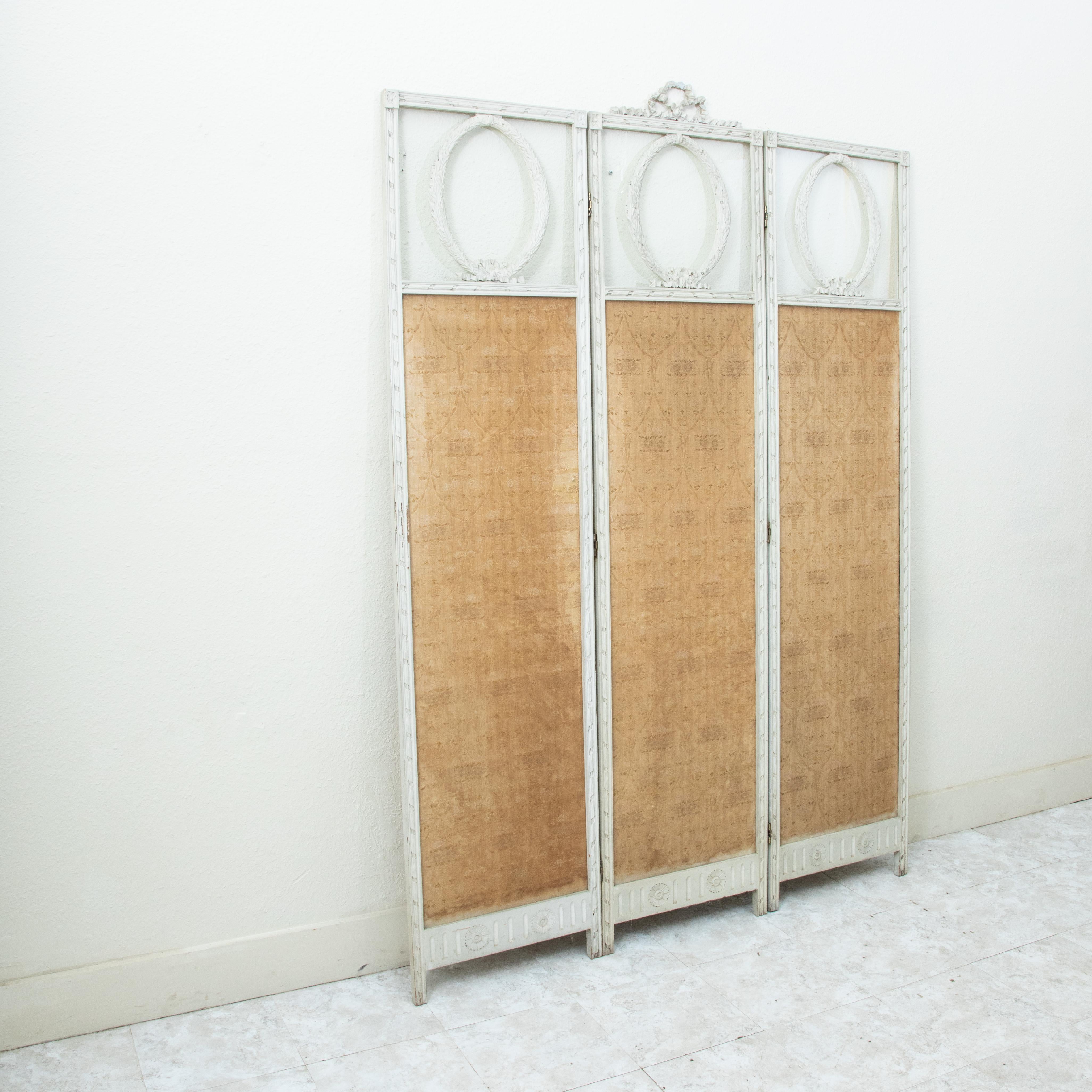 Fabric Late 19th Century Hand Carved Painted French Louis XVI Style Partition or Screen