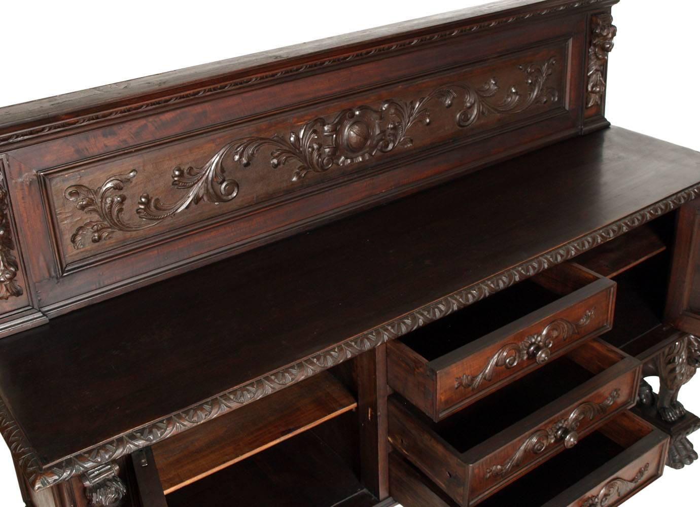 Renaissance Revival Late 19th Century Hand Carved Walnut Credenza or Dresser, Tuscan Renaissance For Sale