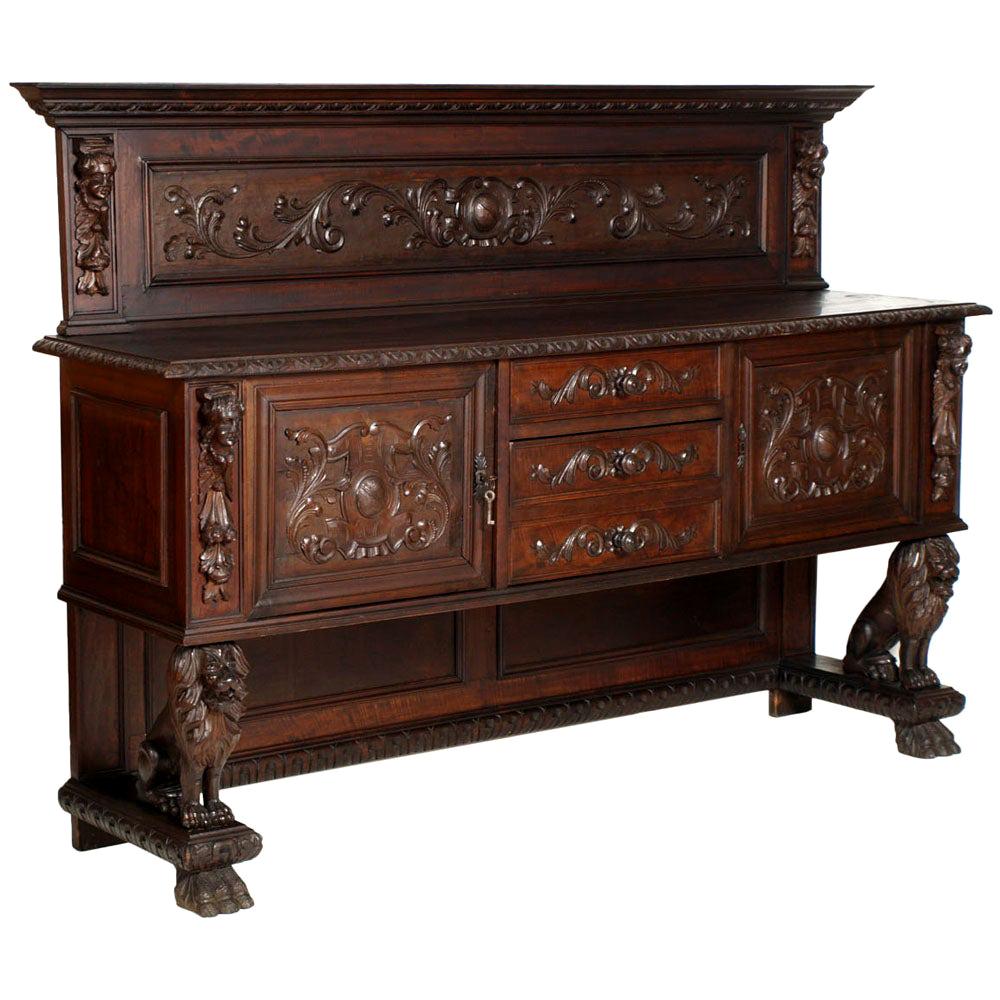 Late 19th Century Hand Carved Walnut Credenza or Dresser, Tuscan Renaissance For Sale