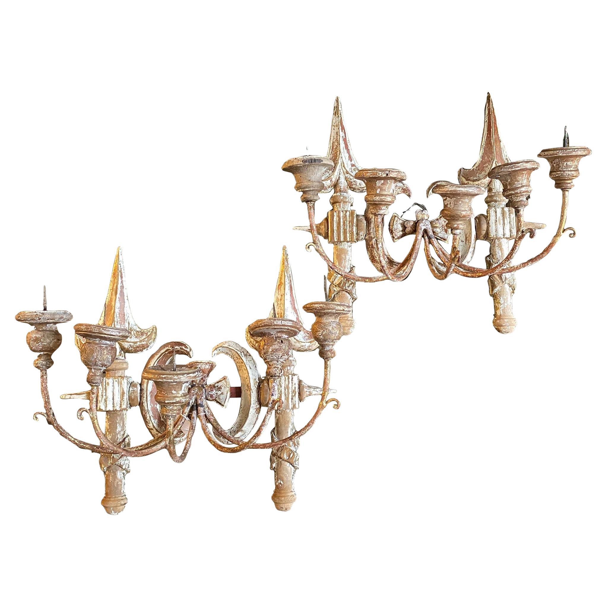 A pair of Late 19th Century Hand-Carved Wood Tuscany Wall Sconces For Sale