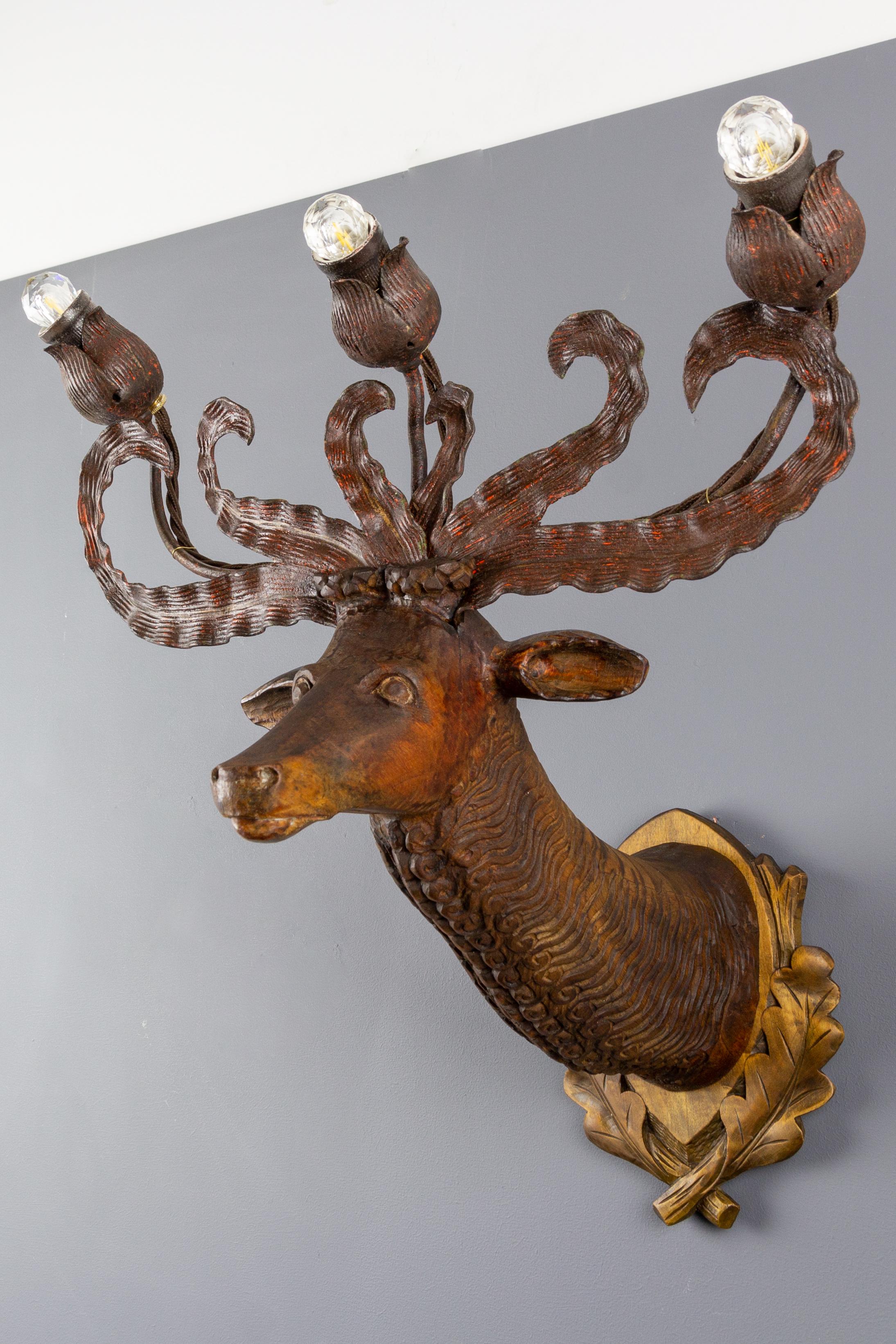 Late 19th Century Hand Carved Wooden Deer Head Three-Light Wall Lamp, Germany 11