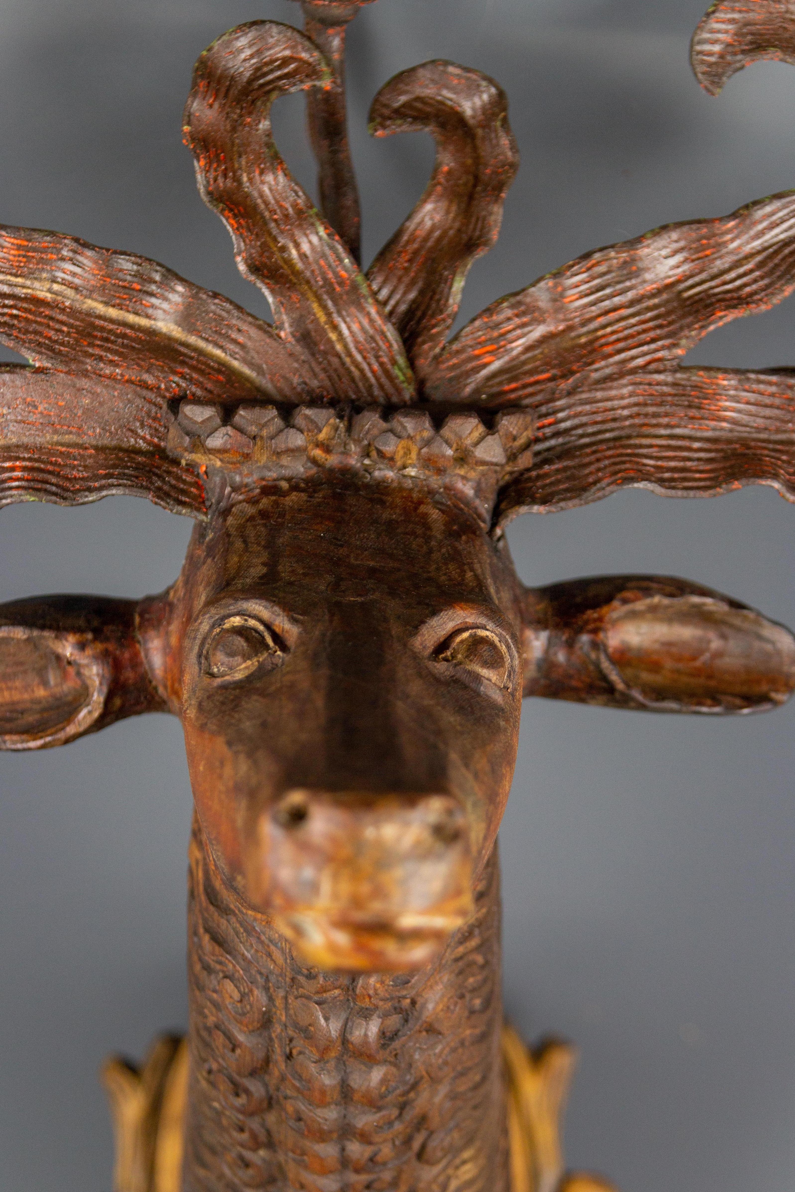 Hand-Carved Late 19th Century Hand Carved Wooden Deer Head Three-Light Wall Lamp, Germany