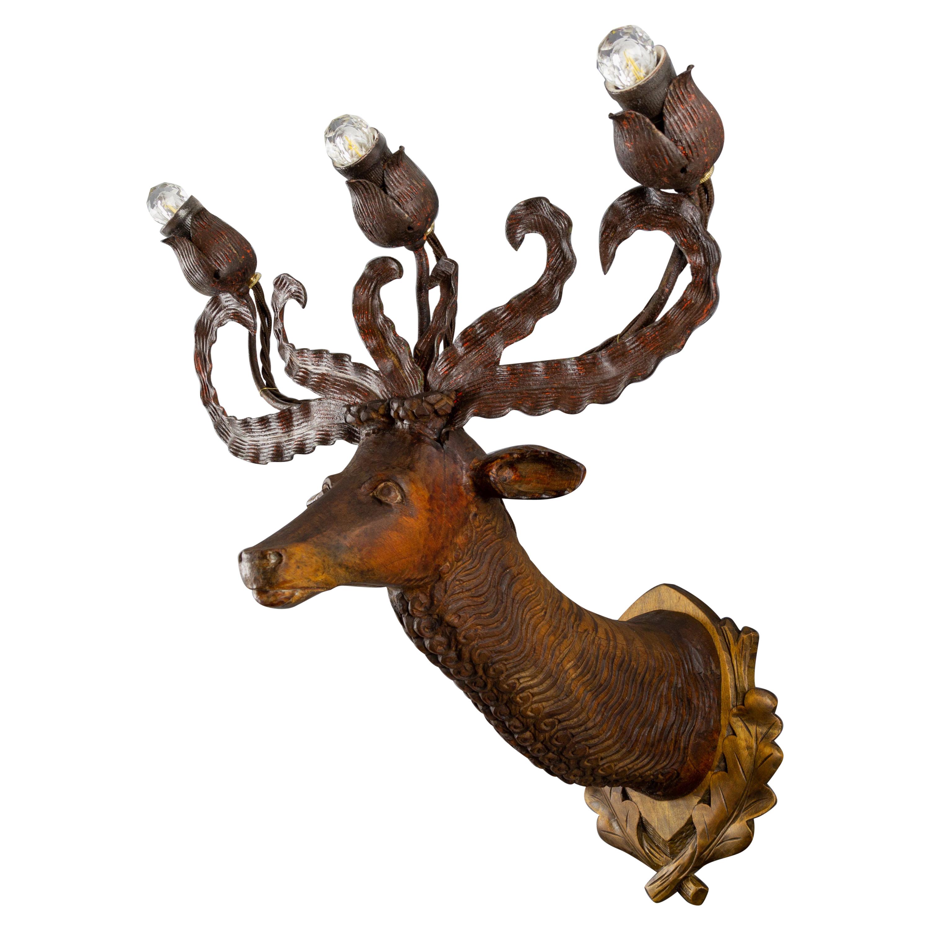 Deer  PAIR SCONCES CRYSTAL WALL LAMP  ART DECO BRONZE HUNTING