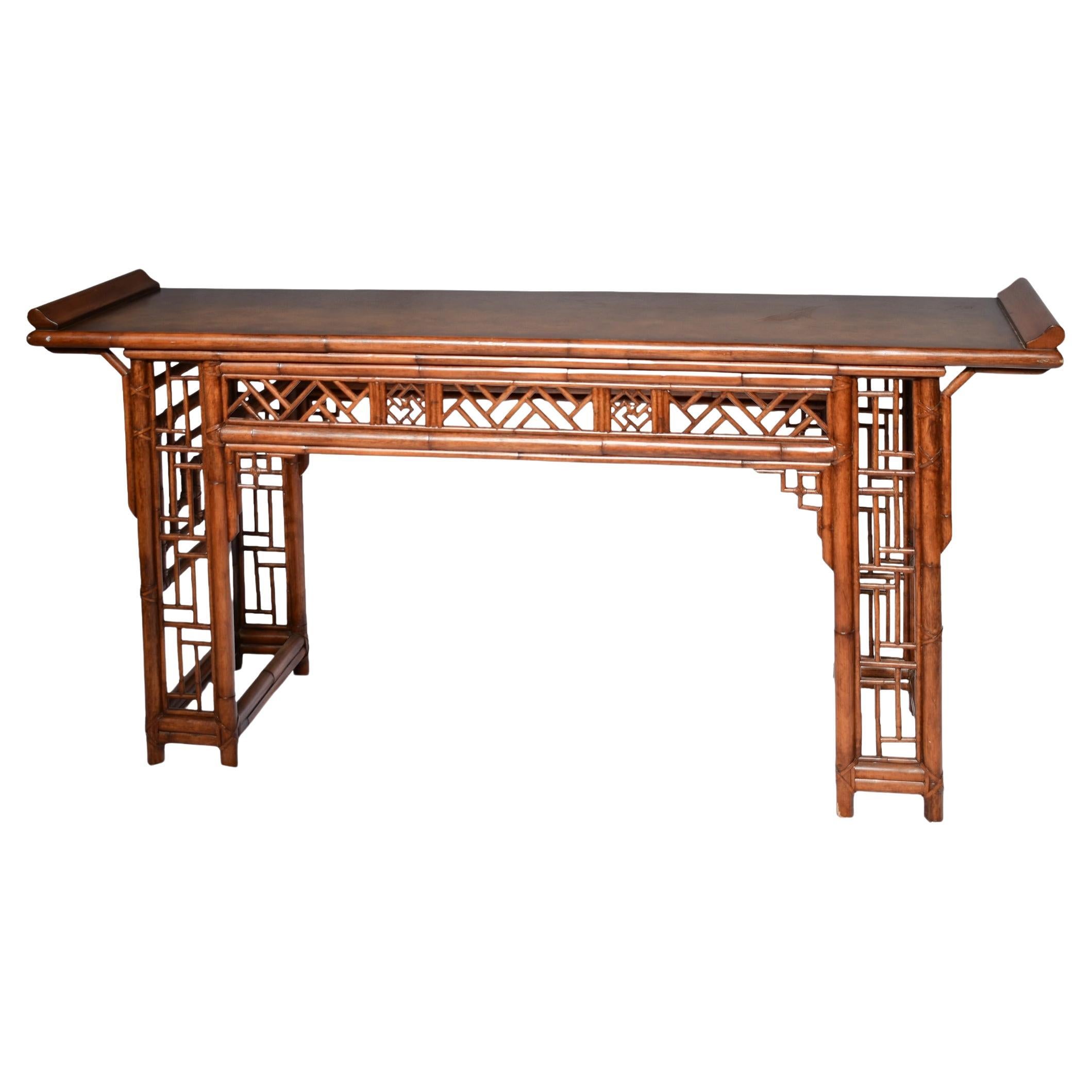 Late 19th Century Hand-Crafted Bamboo and Leather Console Table For Sale