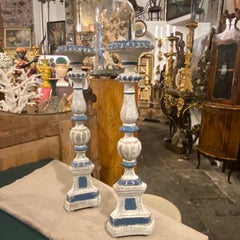 Late 19th Century Hand-Crafted Blue and White Painted Wood Sicilian Torcheres