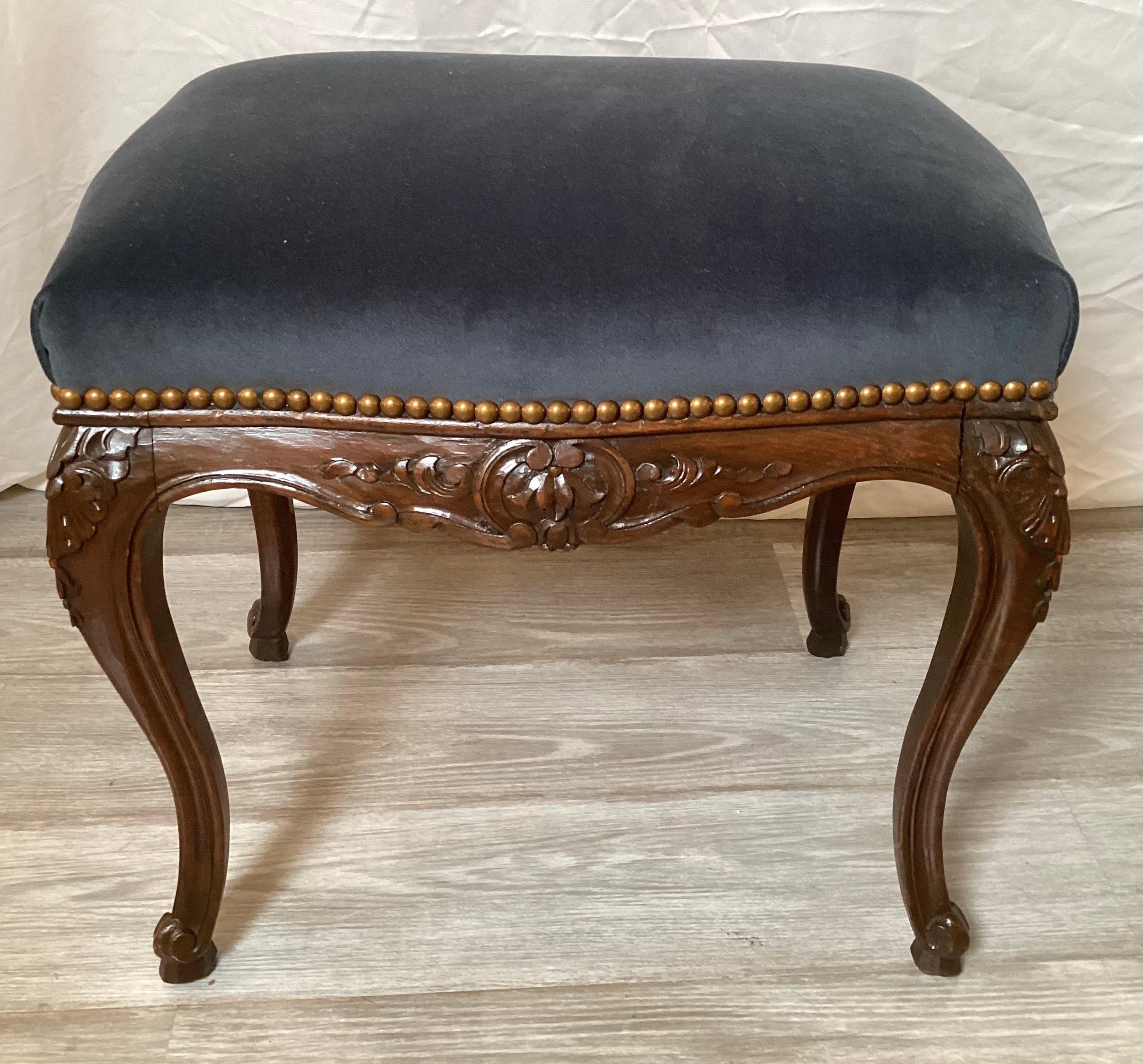 French Late 19th Century Hand Craved Walnut and Velvet Bench For Sale