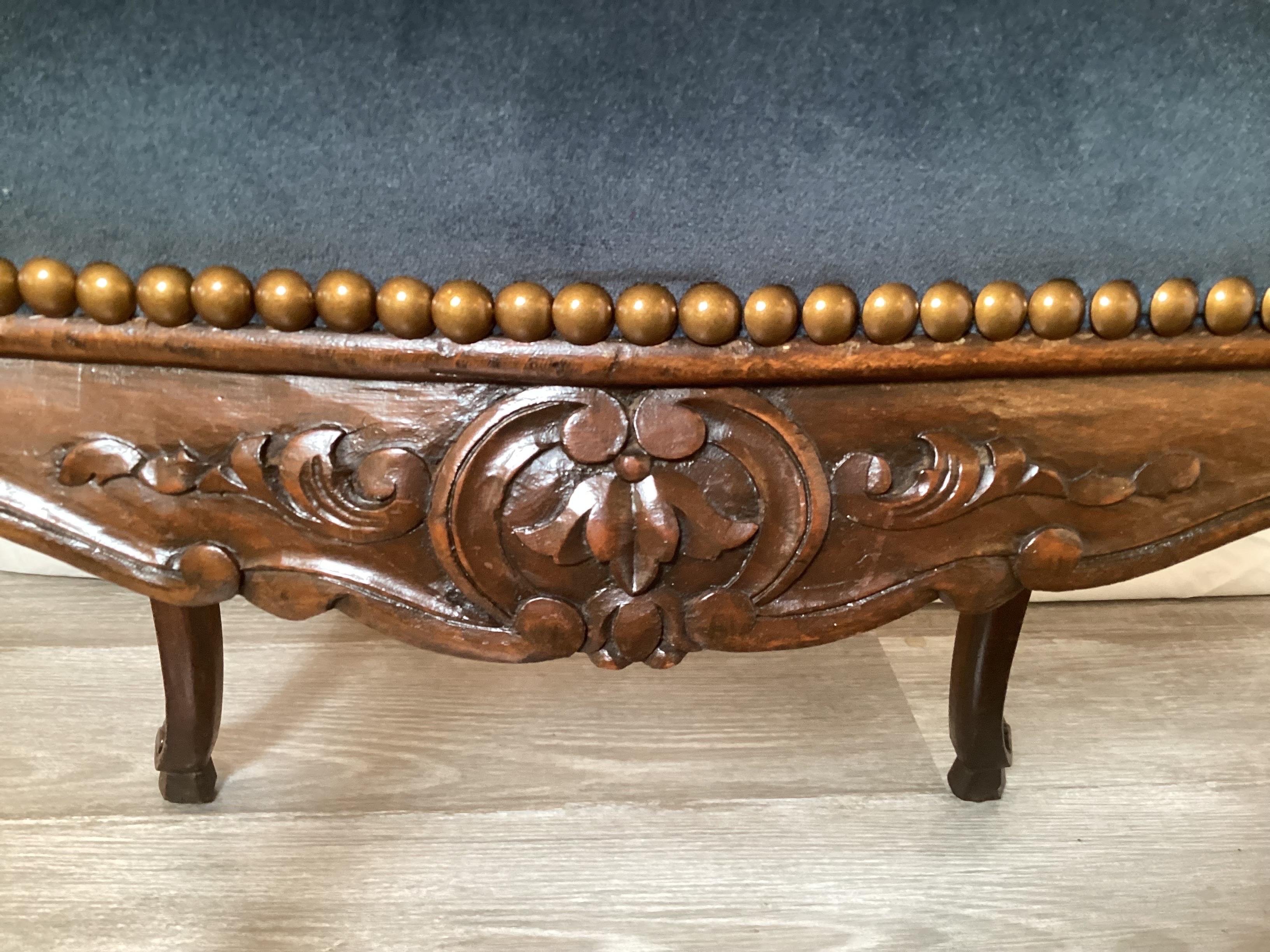 Hand-Carved Late 19th Century Hand Craved Walnut and Velvet Bench For Sale