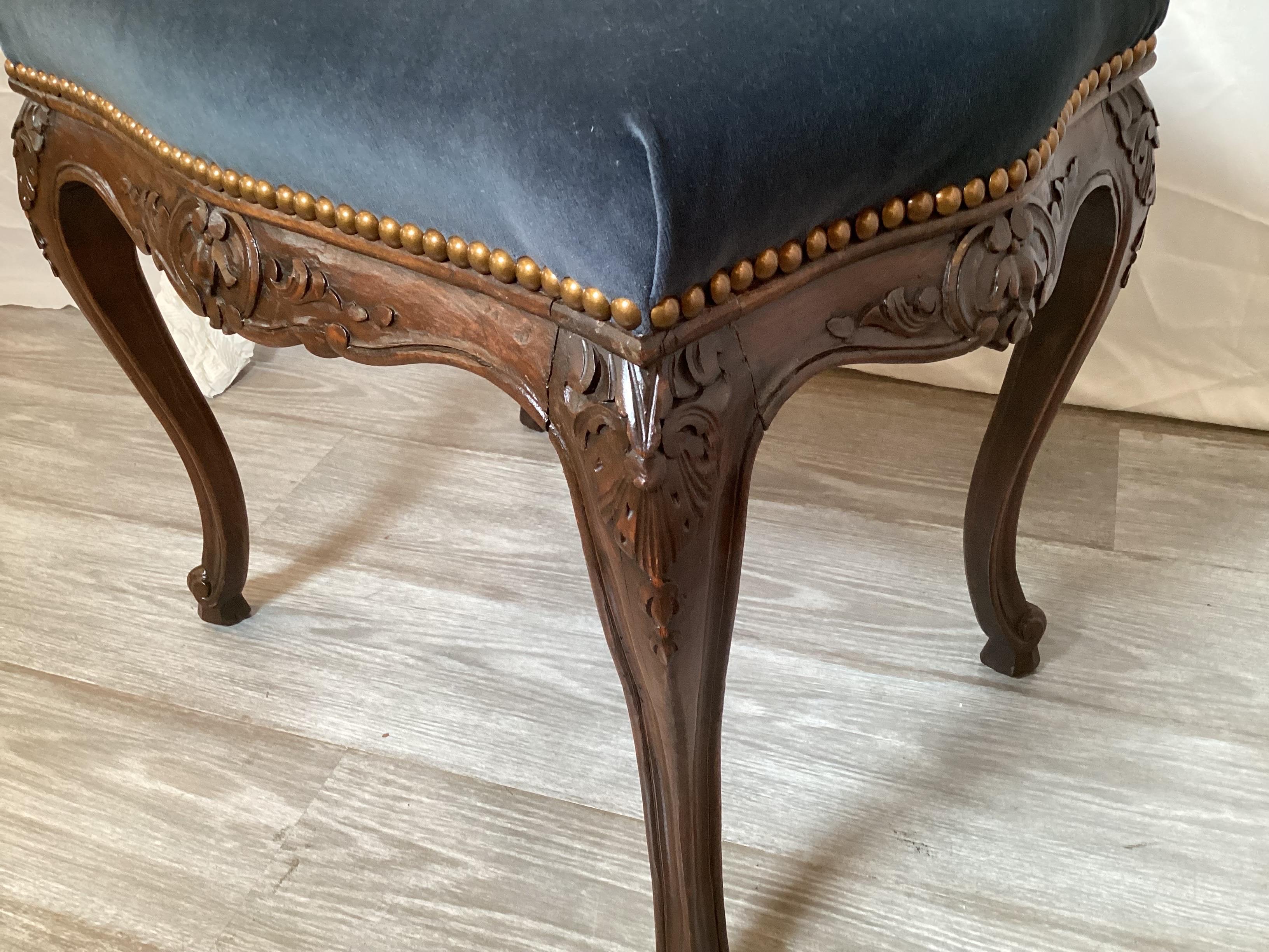 Late 19th Century Hand Craved Walnut and Velvet Bench For Sale 1