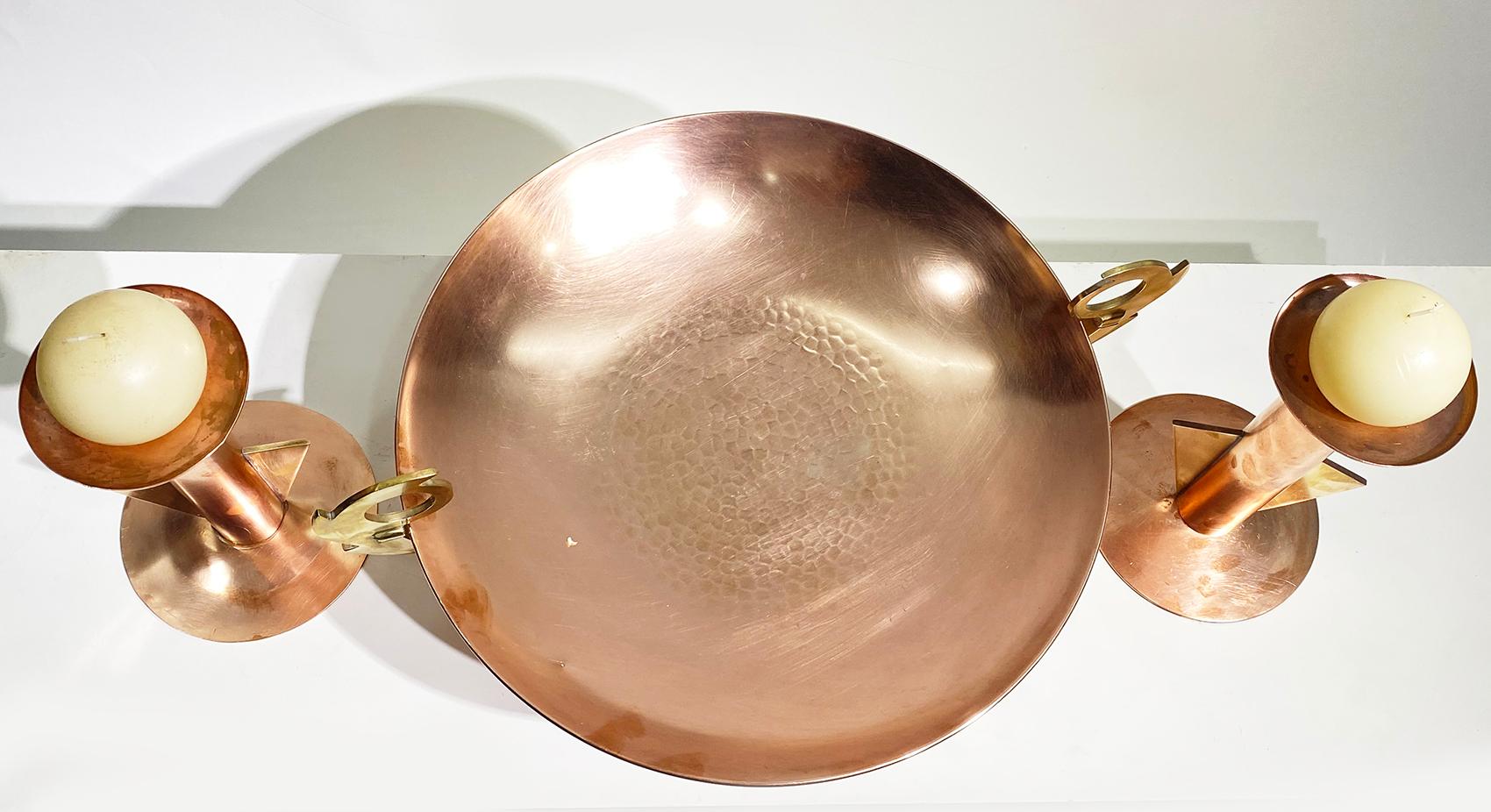 Late 19th Century Hand-Hammered Copper Tray with Candle Holders For Sale 1